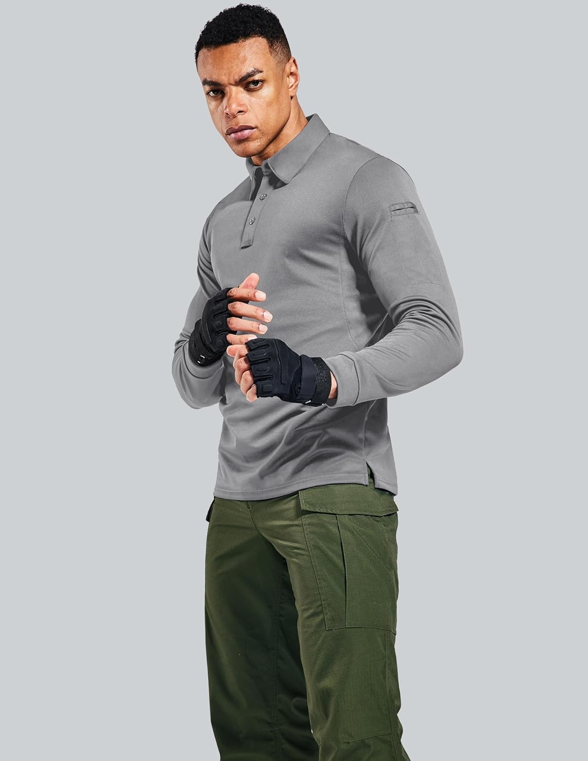 image:imageMIER Mens Outdoor Performance Tactical Polo Shirts Short and Long Sleeve MoistureWickingLight Grey02 Long Sleeve