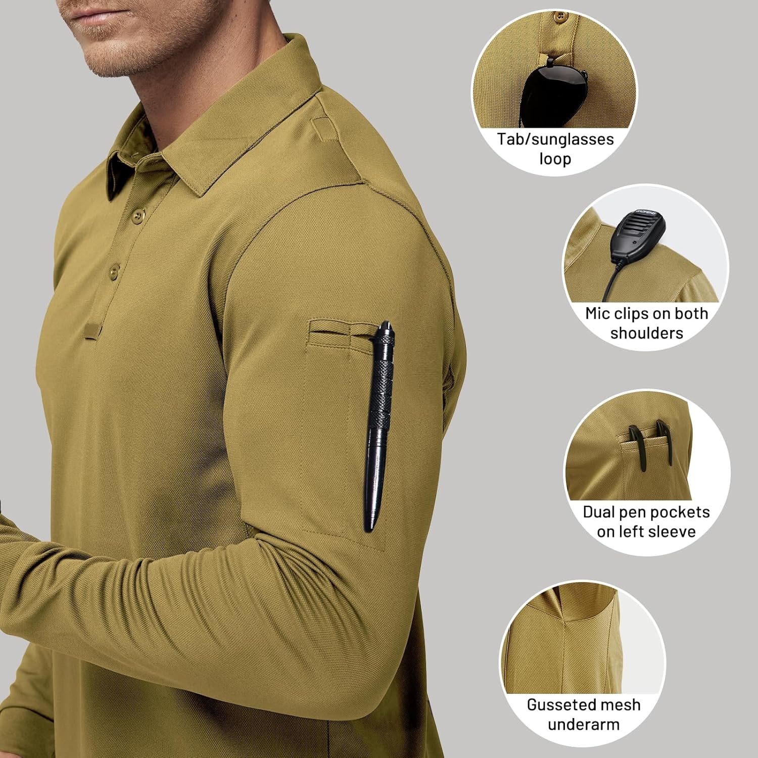 image:imageMIER Mens Outdoor Performance Tactical Polo Shirts Short and Long Sleeve MoistureWickingSan Brown02 Long Sleeve