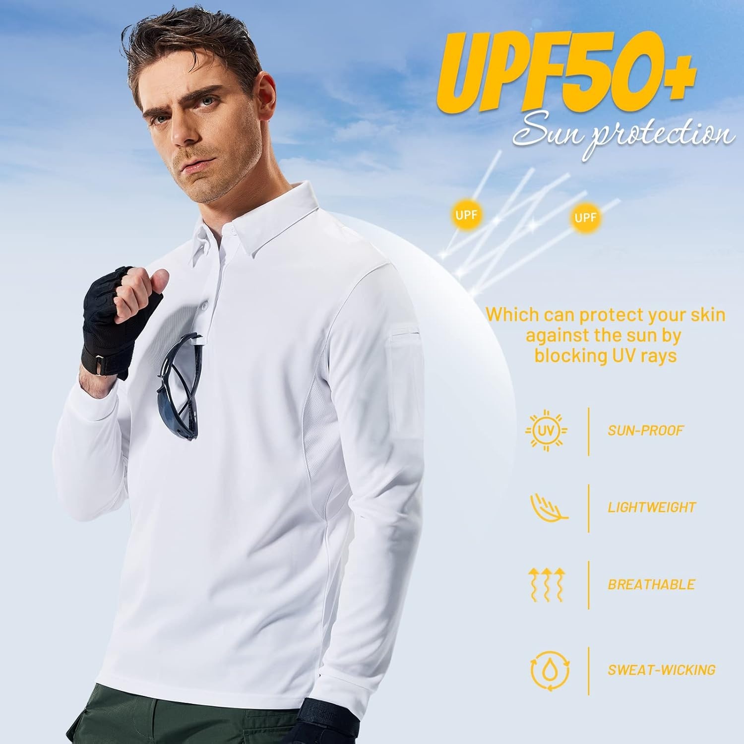image:imageMIER Mens Outdoor Performance Tactical Polo Shirts Short and Long Sleeve MoistureWickingWhite02 Long Sleeve