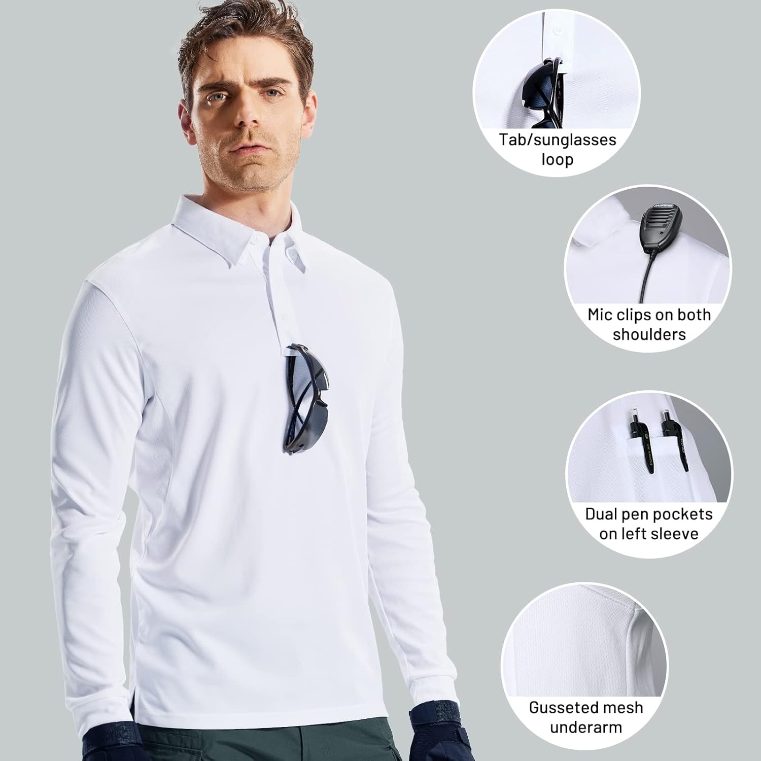image:imageMIER Mens Outdoor Performance Tactical Polo Shirts Short and Long Sleeve MoistureWickingWhite02 Long Sleeve