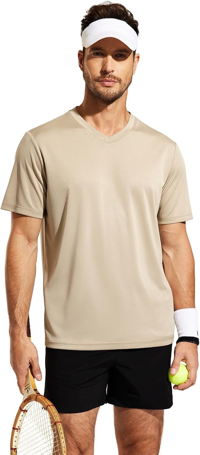 image:imageMIER Mens Quick Dry Workout Shirts Moisture Wicking Running Athletic Performance TShirts Recycled Polyester Top TeeKhaki V Neck
