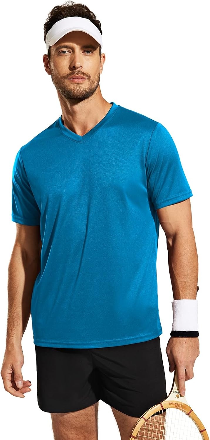 image:imageMIER Mens Quick Dry Workout Shirts Moisture Wicking Running Athletic Performance TShirts Recycled Polyester Top TeeLight Blue V Neck