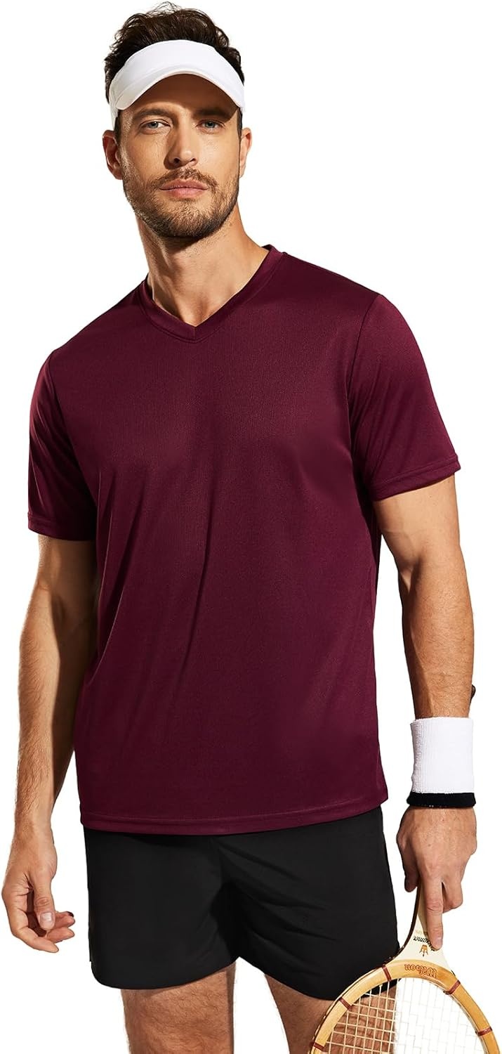 image:imageMIER Mens Quick Dry Workout Shirts Moisture Wicking Running Athletic Performance TShirts Recycled Polyester Top TeeWine Red V Neck