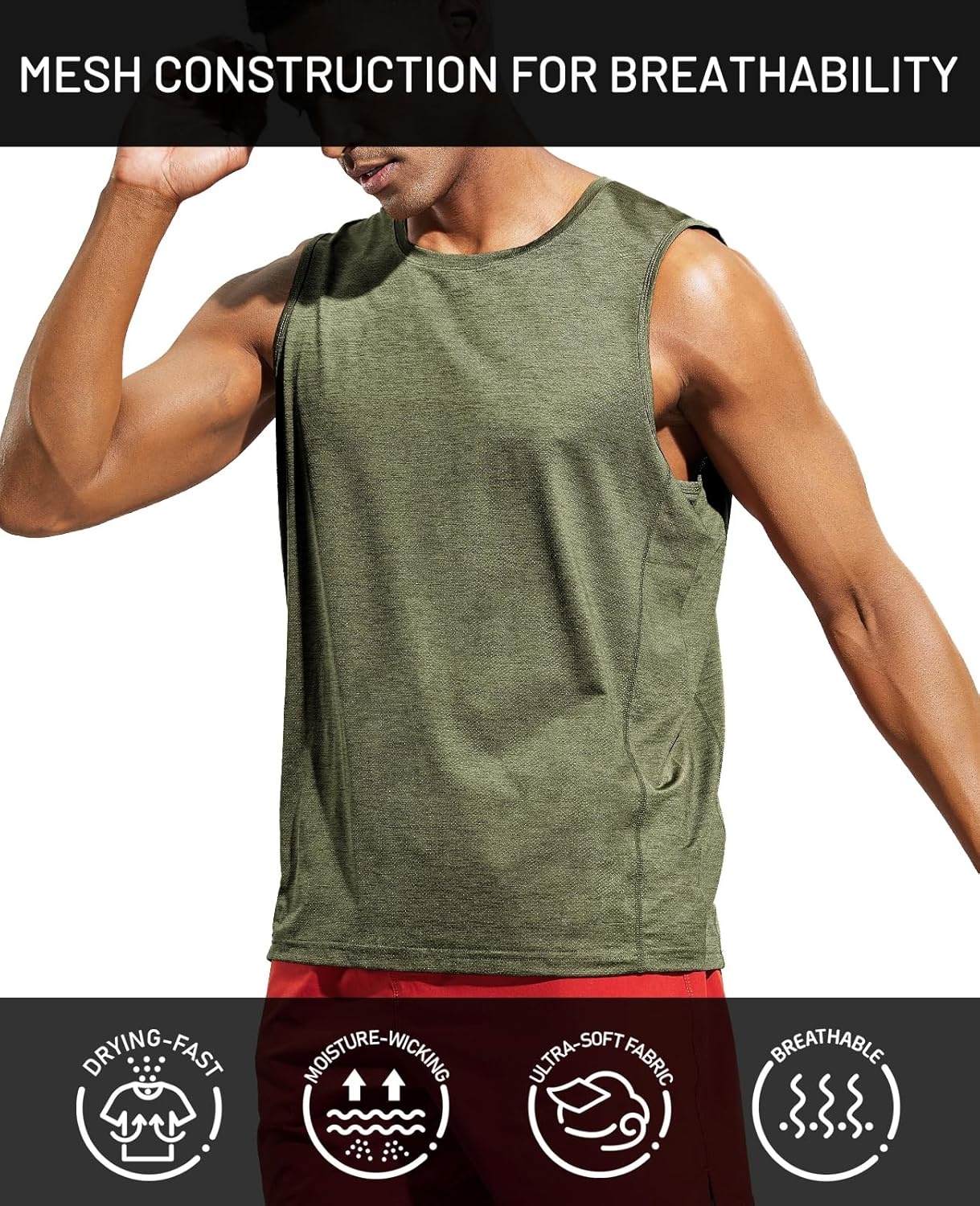 image:imageMIER Mens Sleeveless Tank Top Dry Fit Workout Muscle Tee Shirt for Running Athletic Gym Sports Training Moisture WickingHeather Army Green
