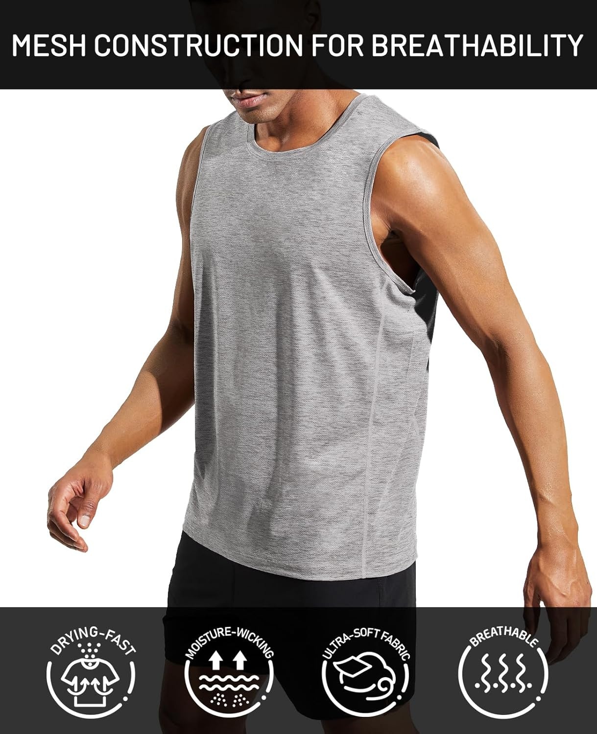 image:imageMIER Mens Sleeveless Tank Top Dry Fit Workout Muscle Tee Shirt for Running Athletic Gym Sports Training Moisture WickingHeather Light Grey