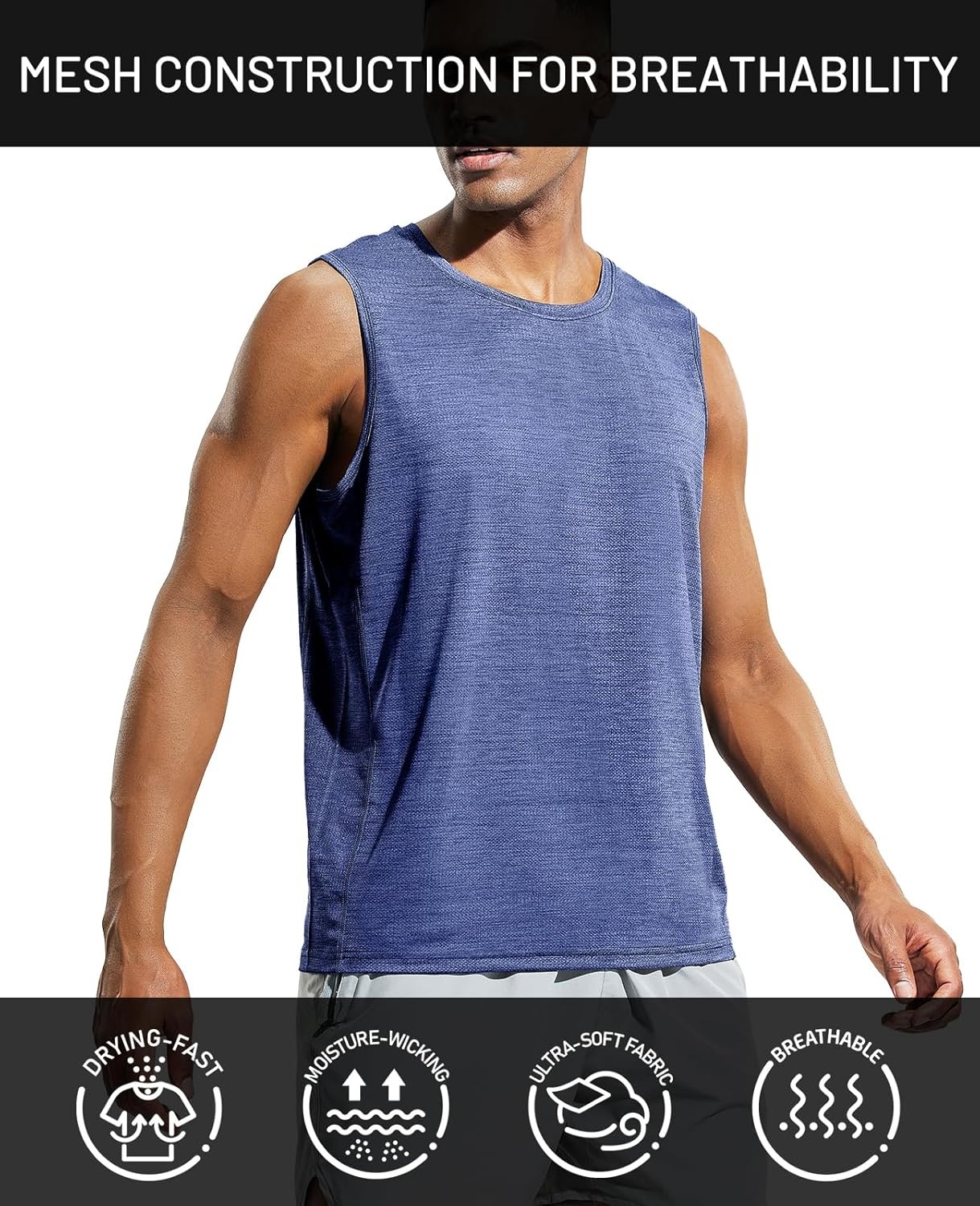 image:imageMIER Mens Sleeveless Tank Top Dry Fit Workout Muscle Tee Shirt for Running Athletic Gym Sports Training Moisture WickingHeather Space Blue