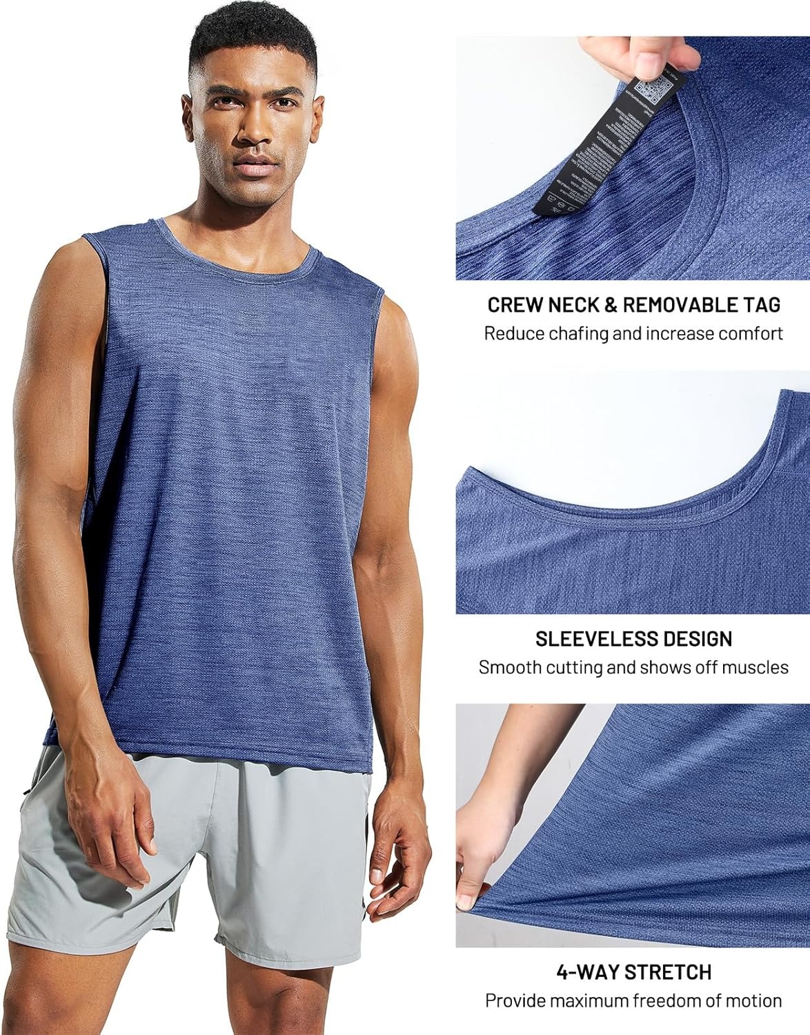 image:imageMIER Mens Sleeveless Tank Top Dry Fit Workout Muscle Tee Shirt for Running Athletic Gym Sports Training Moisture WickingHeather Space Blue