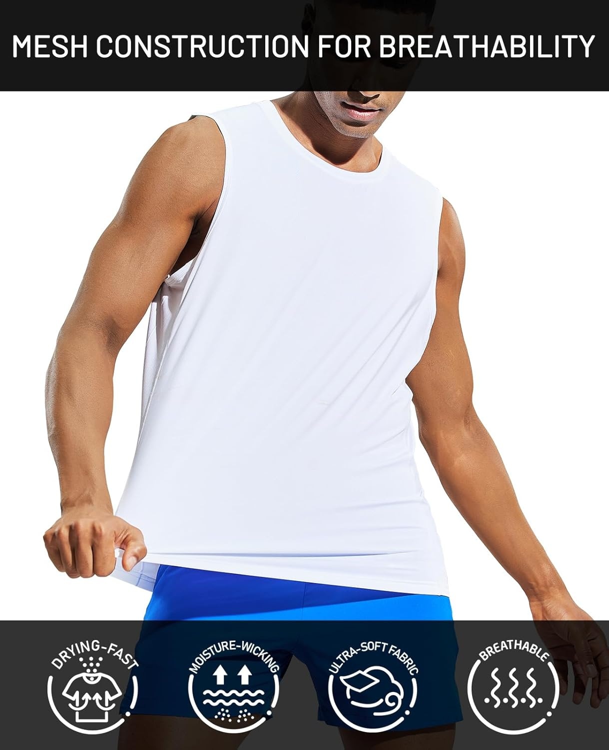 image:imageMIER Mens Sleeveless Tank Top Dry Fit Workout Muscle Tee Shirt for Running Athletic Gym Sports Training Moisture WickingWhite