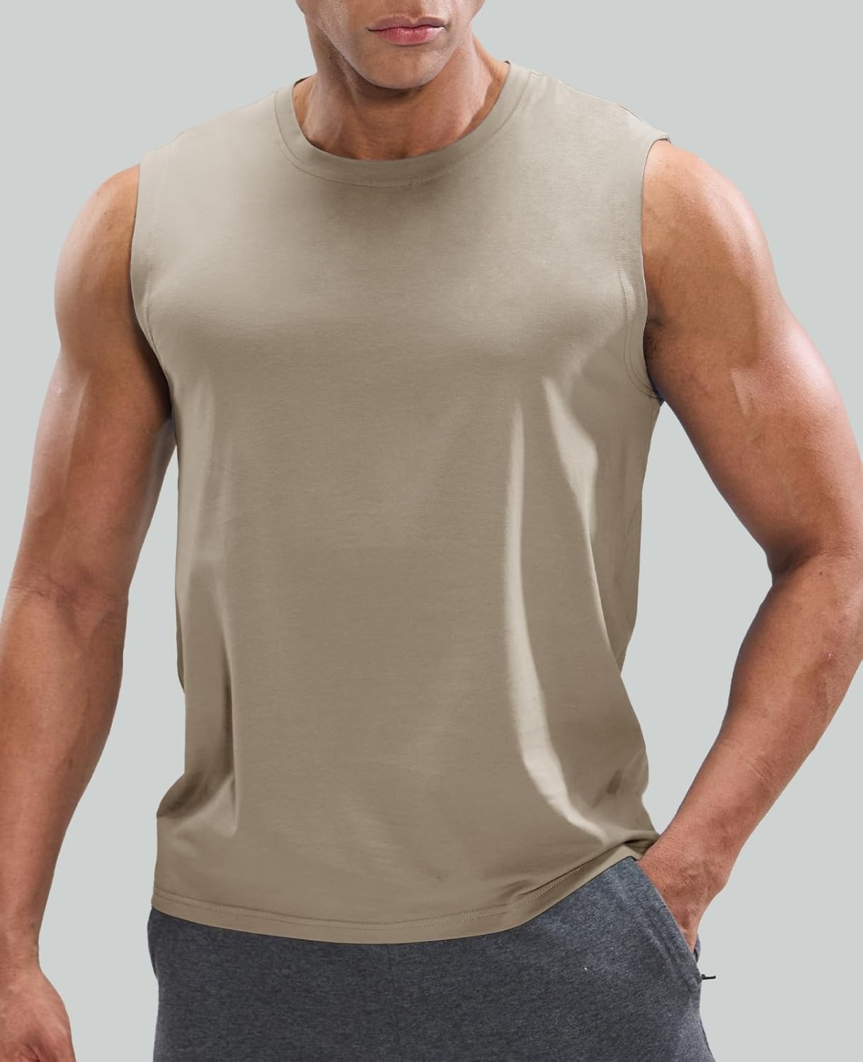 image:imageMIER Mens Tank Tops Cotton Sleeveless Muscle Shirts for Workout Running Athletic Gym Lounge Casual BreathableLight Khaki