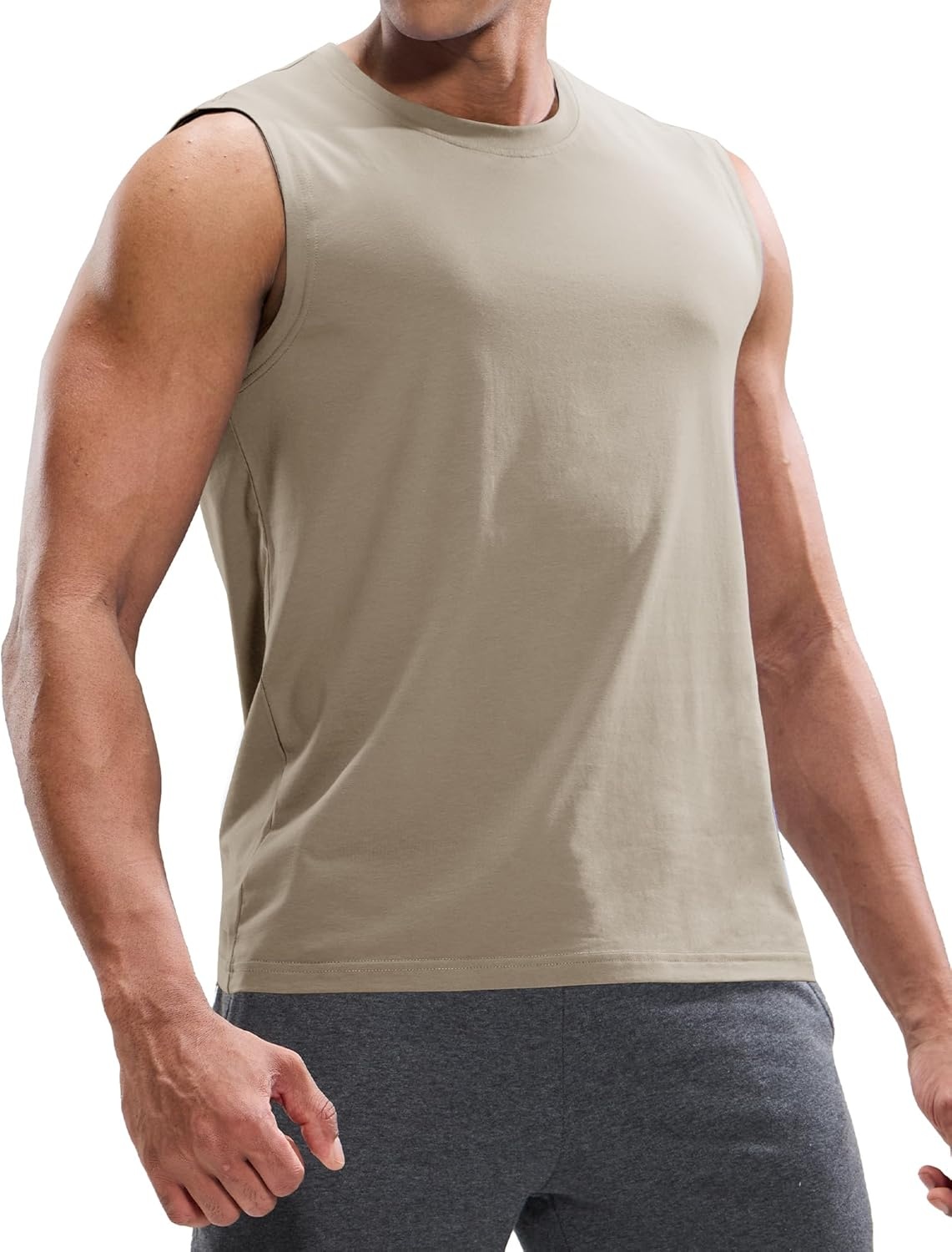 image:imageMIER Mens Tank Tops Cotton Sleeveless Muscle Shirts for Workout Running Athletic Gym Lounge Casual BreathableLight Khaki