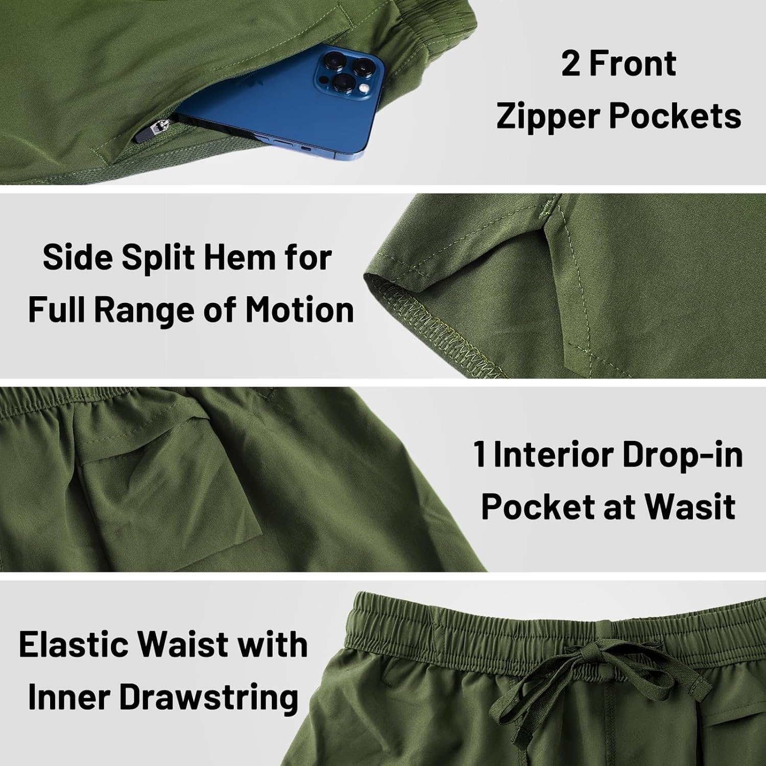 image:imageMIER Mens Workout Running Shorts Quick Dry Active 5 Inches Shorts with Pockets Lightweight BreathableArmy Green With Zipper