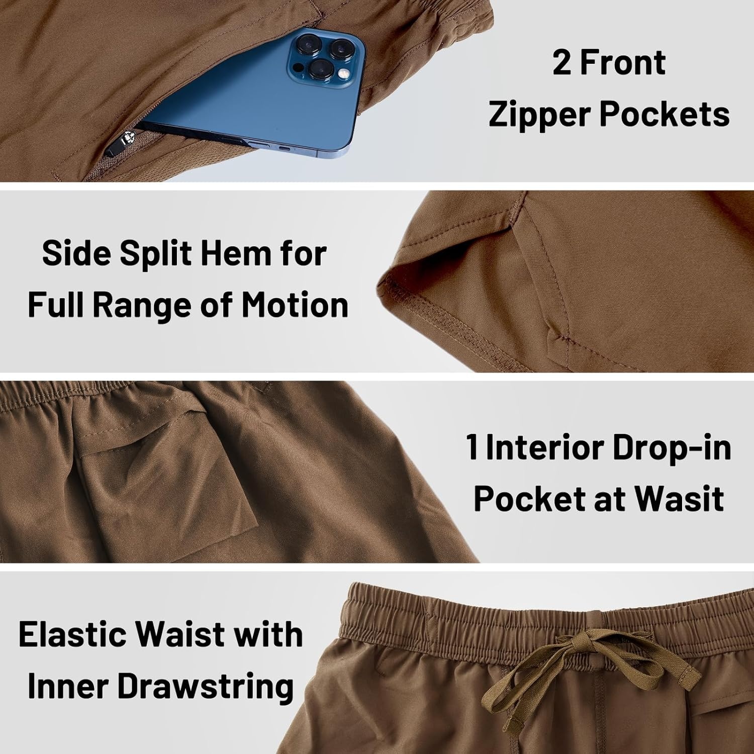 image:imageMIER Mens Workout Running Shorts Quick Dry Active 5 Inches Shorts with Pockets Lightweight BreathableBrown With Zipper