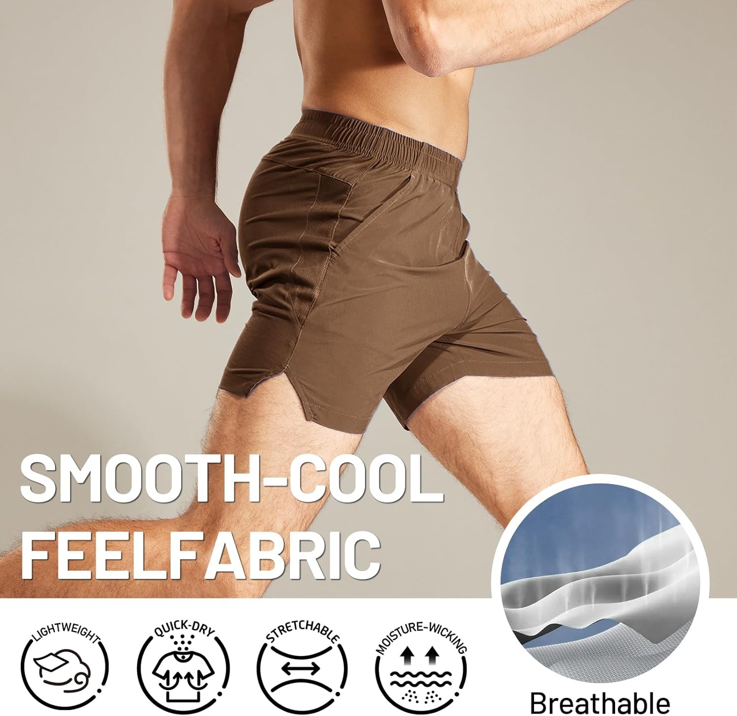 image:imageMIER Mens Workout Running Shorts Quick Dry Active 5 Inches Shorts with Pockets Lightweight BreathableBrown Without Zipper
