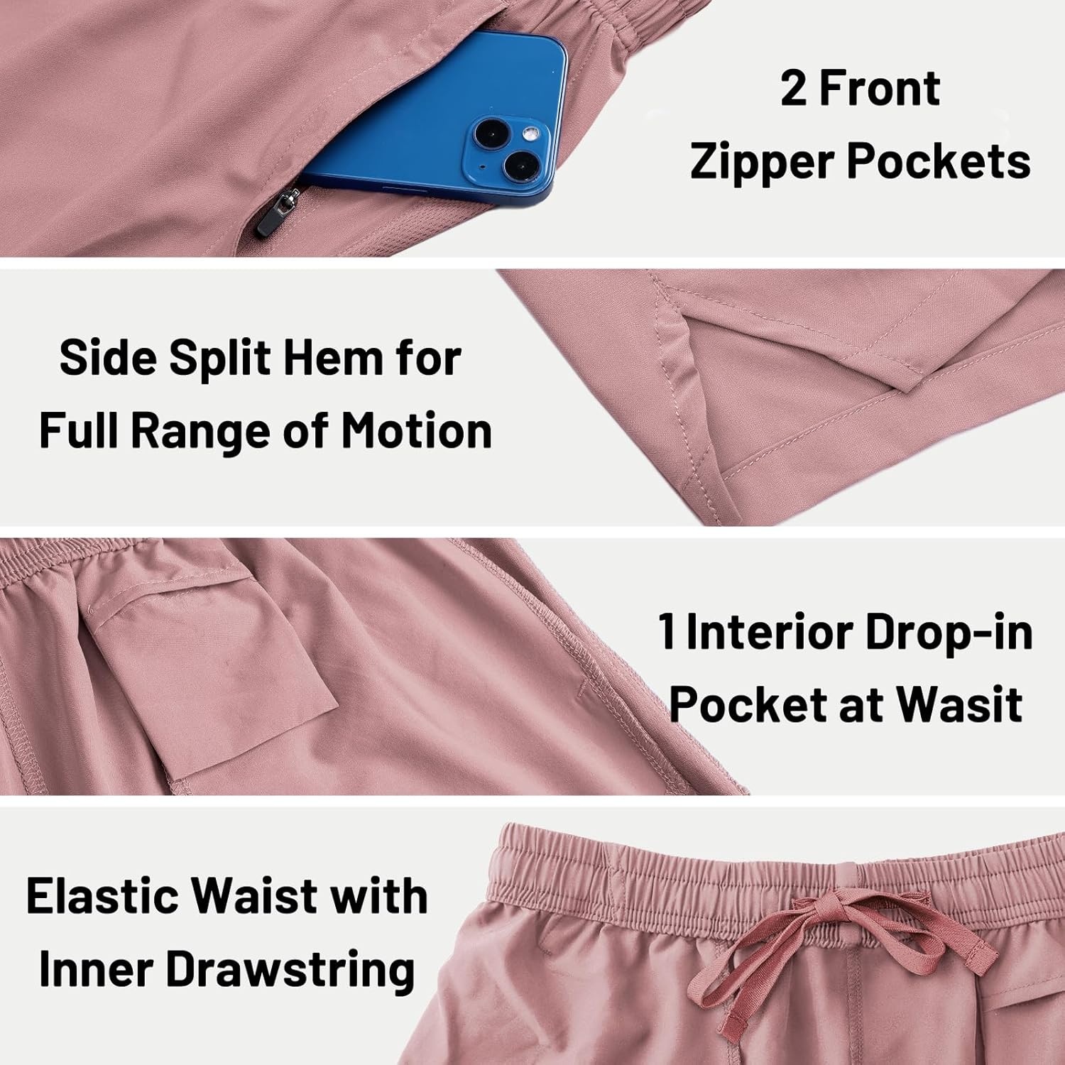 image:imageMIER Mens Workout Running Shorts Quick Dry Active 5 Inches Shorts with Pockets Lightweight BreathableDusty Pink With Zipper