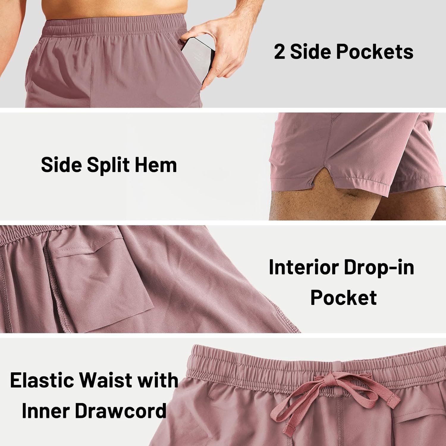 image:imageMIER Mens Workout Running Shorts Quick Dry Active 5 Inches Shorts with Pockets Lightweight BreathableDusty Pink Without Zipper