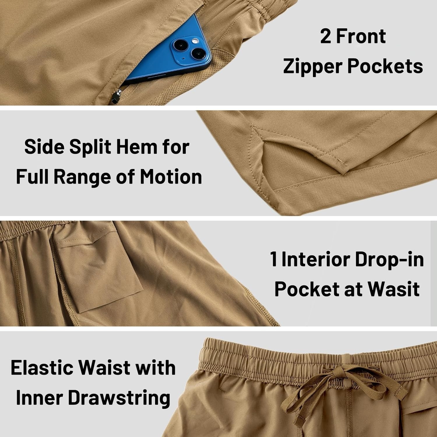 image:imageMIER Mens Workout Running Shorts Quick Dry Active 5 Inches Shorts with Pockets Lightweight BreathableKhaki With Zipper
