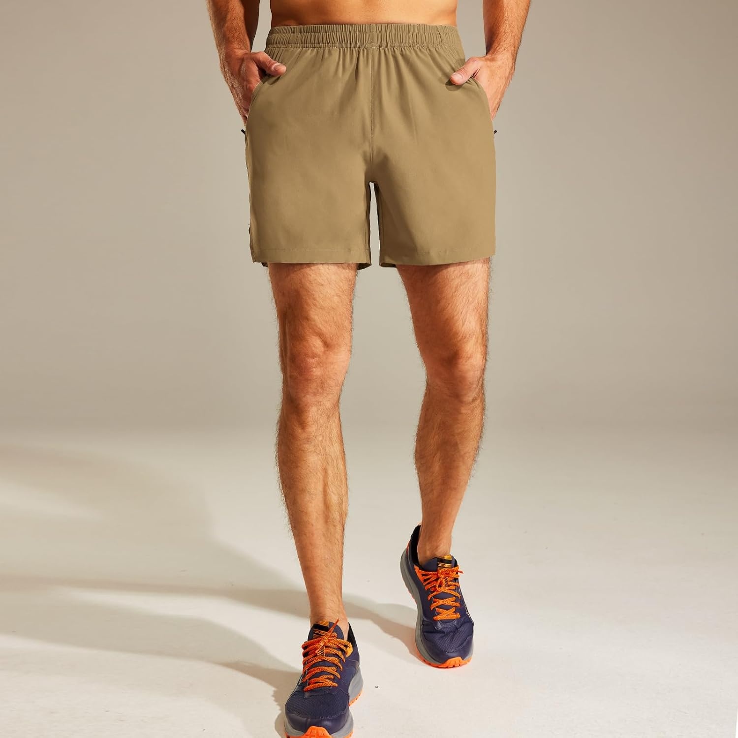 image:imageMIER Mens Workout Running Shorts Quick Dry Active 5 Inches Shorts with Pockets Lightweight BreathableKhaki With Zipper