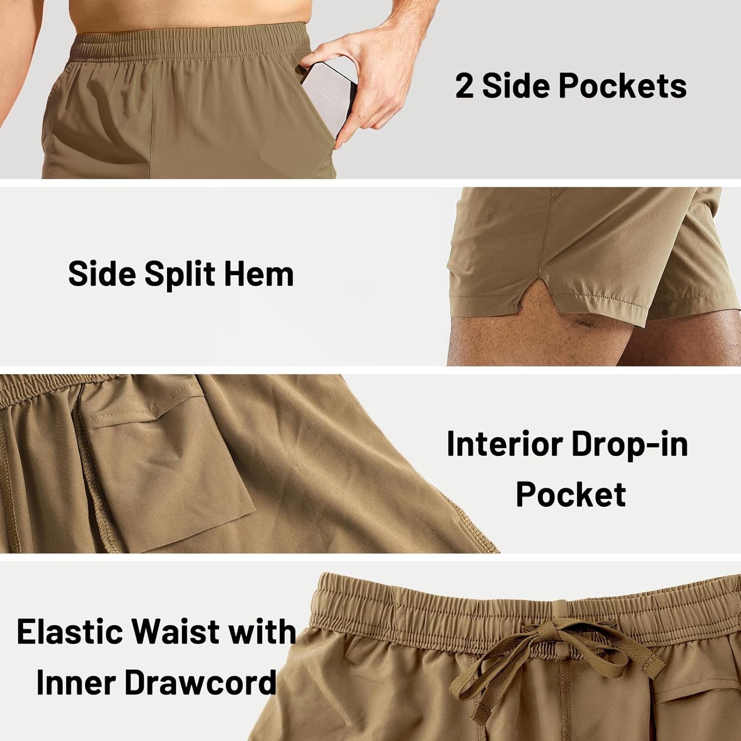 image:imageMIER Mens Workout Running Shorts Quick Dry Active 5 Inches Shorts with Pockets Lightweight BreathableKhaki Without Zipper