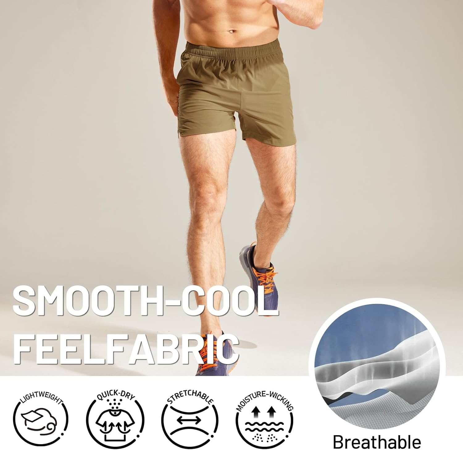 image:imageMIER Mens Workout Running Shorts Quick Dry Active 5 Inches Shorts with Pockets Lightweight BreathableKhaki Without Zipper