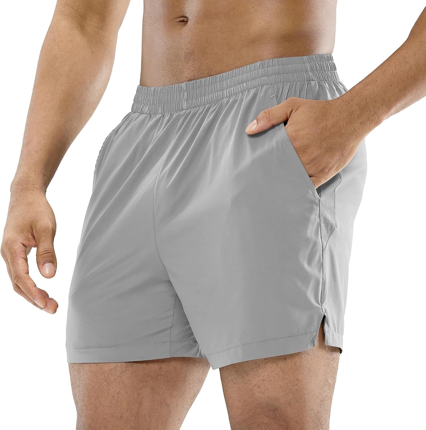 image:imageMIER Mens Workout Running Shorts Quick Dry Active 5 Inches Shorts with Pockets Lightweight BreathableLight Grey Without Zipper
