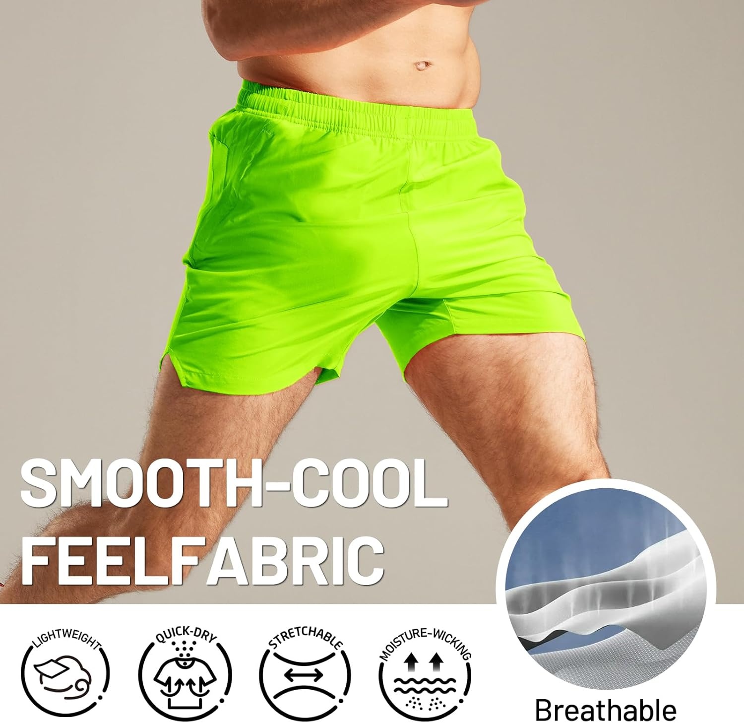 image:imageMIER Mens Workout Running Shorts Quick Dry Active 5 Inches Shorts with Pockets Lightweight BreathableNeon Green With Zipper