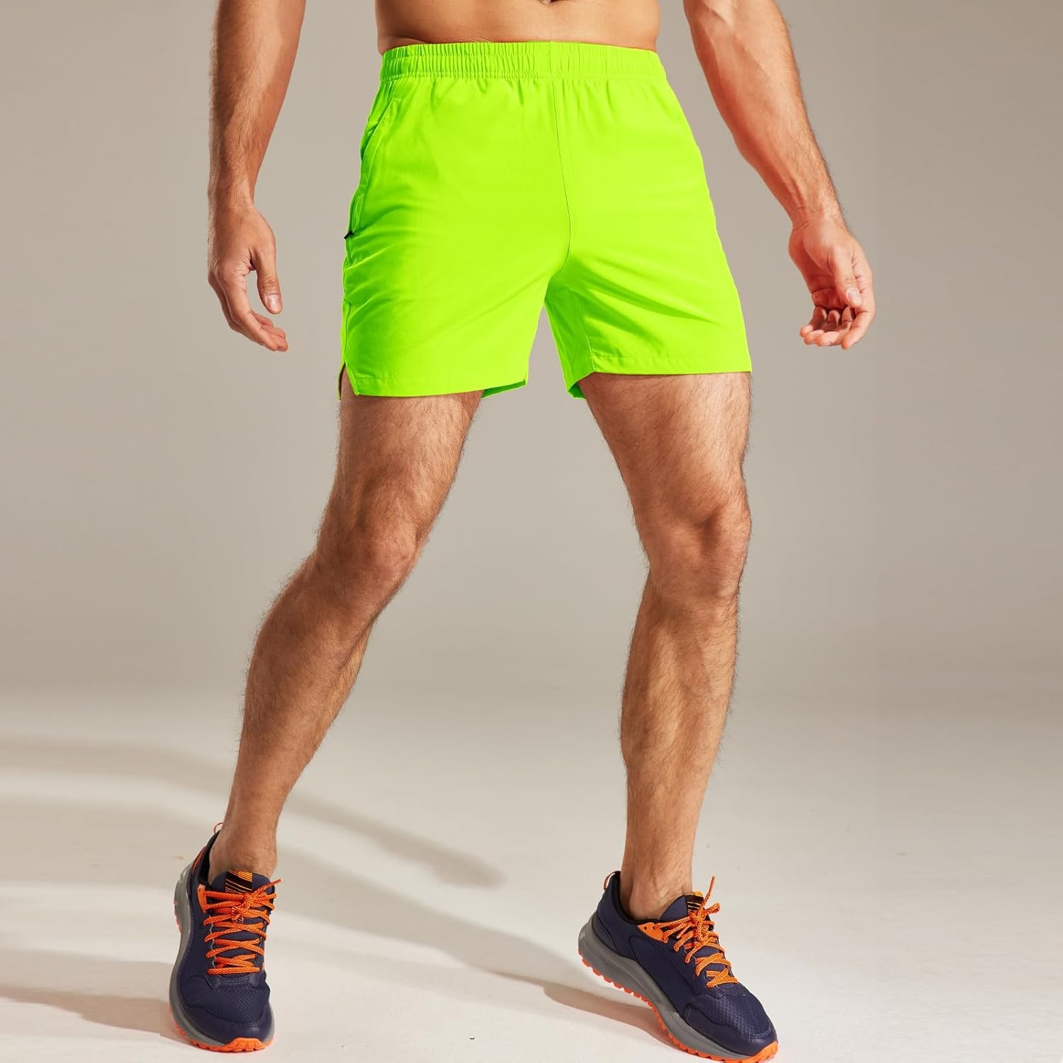 image:imageMIER Mens Workout Running Shorts Quick Dry Active 5 Inches Shorts with Pockets Lightweight BreathableNeon Green With Zipper