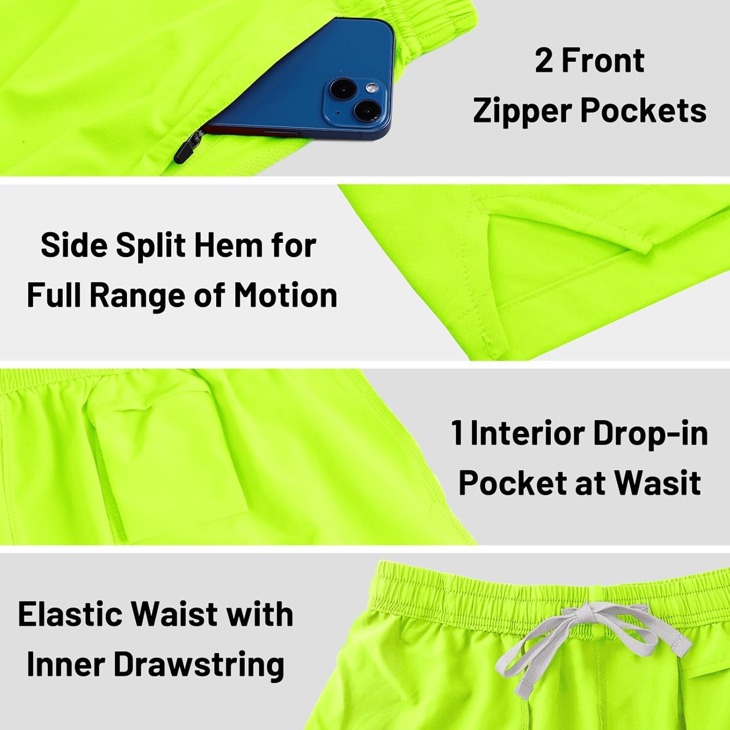 image:imageMIER Mens Workout Running Shorts Quick Dry Active 5 Inches Shorts with Pockets Lightweight BreathableNeon Green With Zipper