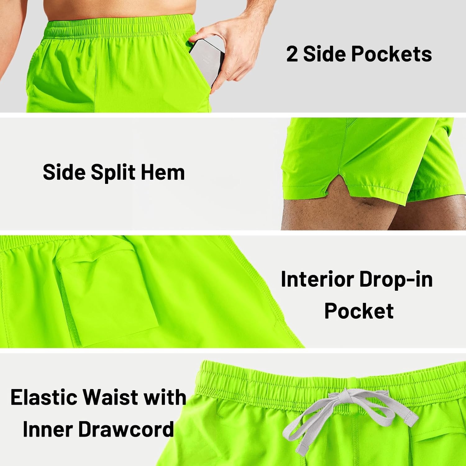 image:imageMIER Mens Workout Running Shorts Quick Dry Active 5 Inches Shorts with Pockets Lightweight BreathableNeon Green Without Zipper