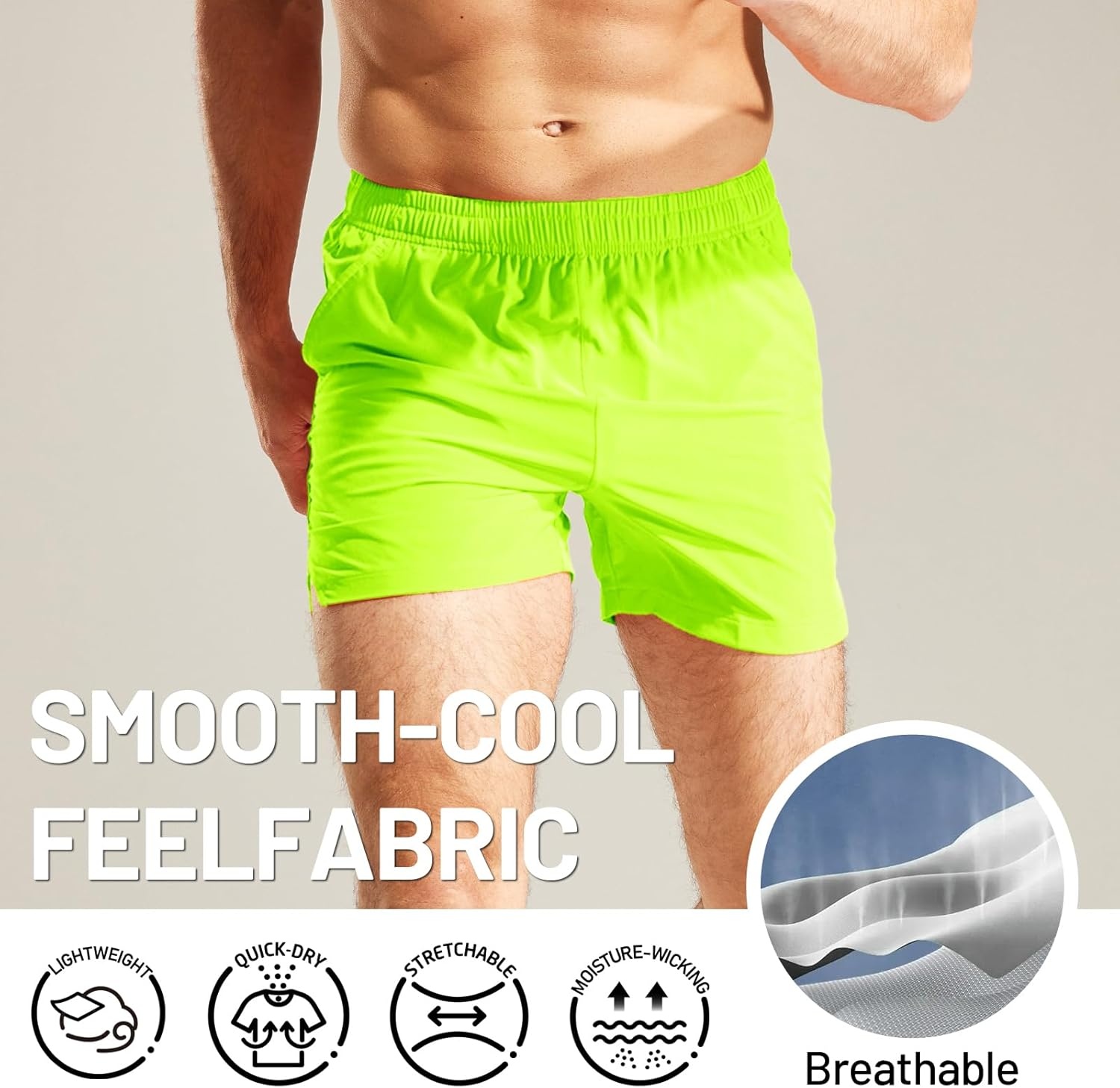 image:imageMIER Mens Workout Running Shorts Quick Dry Active 5 Inches Shorts with Pockets Lightweight BreathableNeon Green Without Zipper