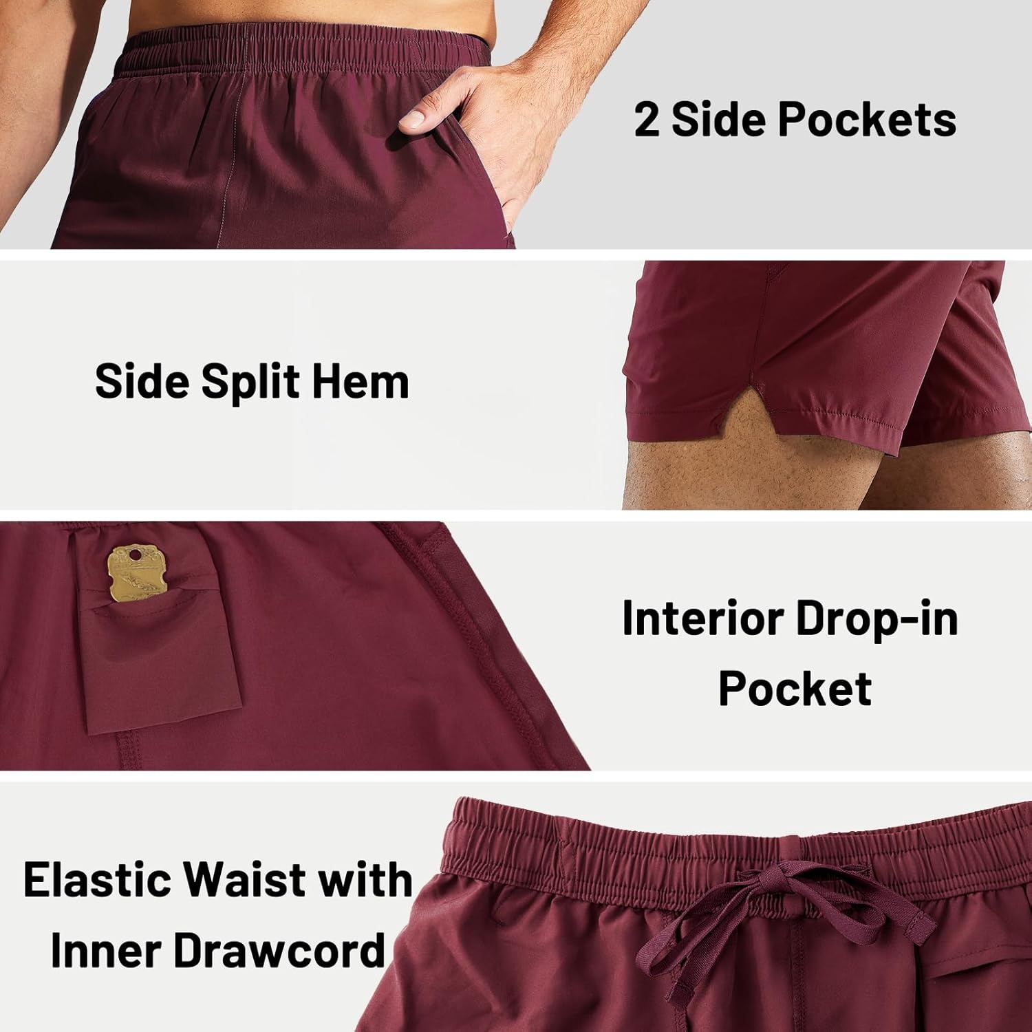 image:imageMIER Mens Workout Running Shorts Quick Dry Active 5 Inches Shorts with Pockets Lightweight BreathableWine Without Zipper
