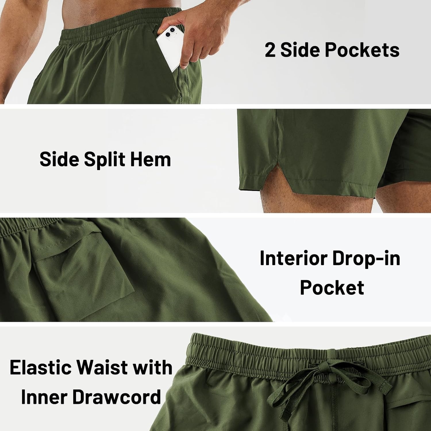 image:imageMIER Mens Workout Running Shorts Quick Dry Active 5 Inches Shorts with Pockets Lightweight BreathableY Black Army Green Without Zipper