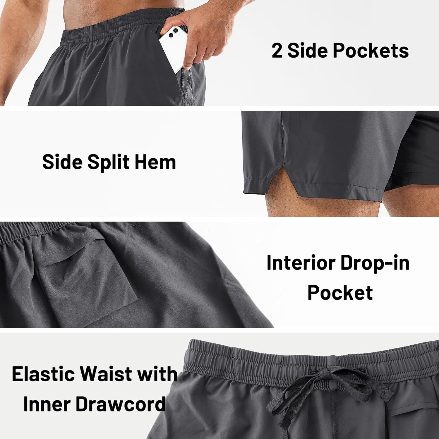 image:imageMIER Mens Workout Running Shorts Quick Dry Active 5 Inches Shorts with Pockets Lightweight BreathableY Black Grey Without Zipper