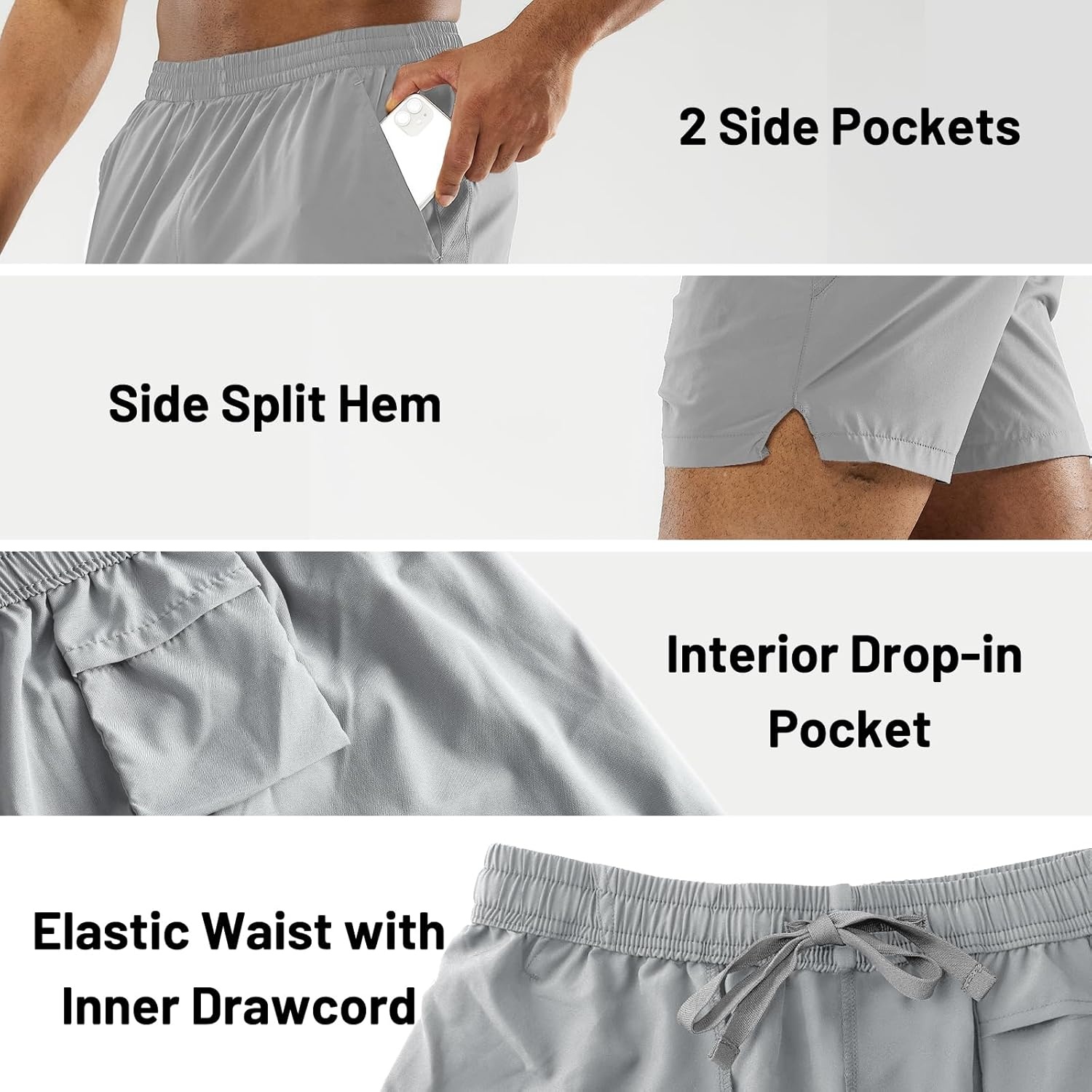 image:imageMIER Mens Workout Running Shorts Quick Dry Active 5 Inches Shorts with Pockets Lightweight BreathableY Black Light Grey Without Zipper