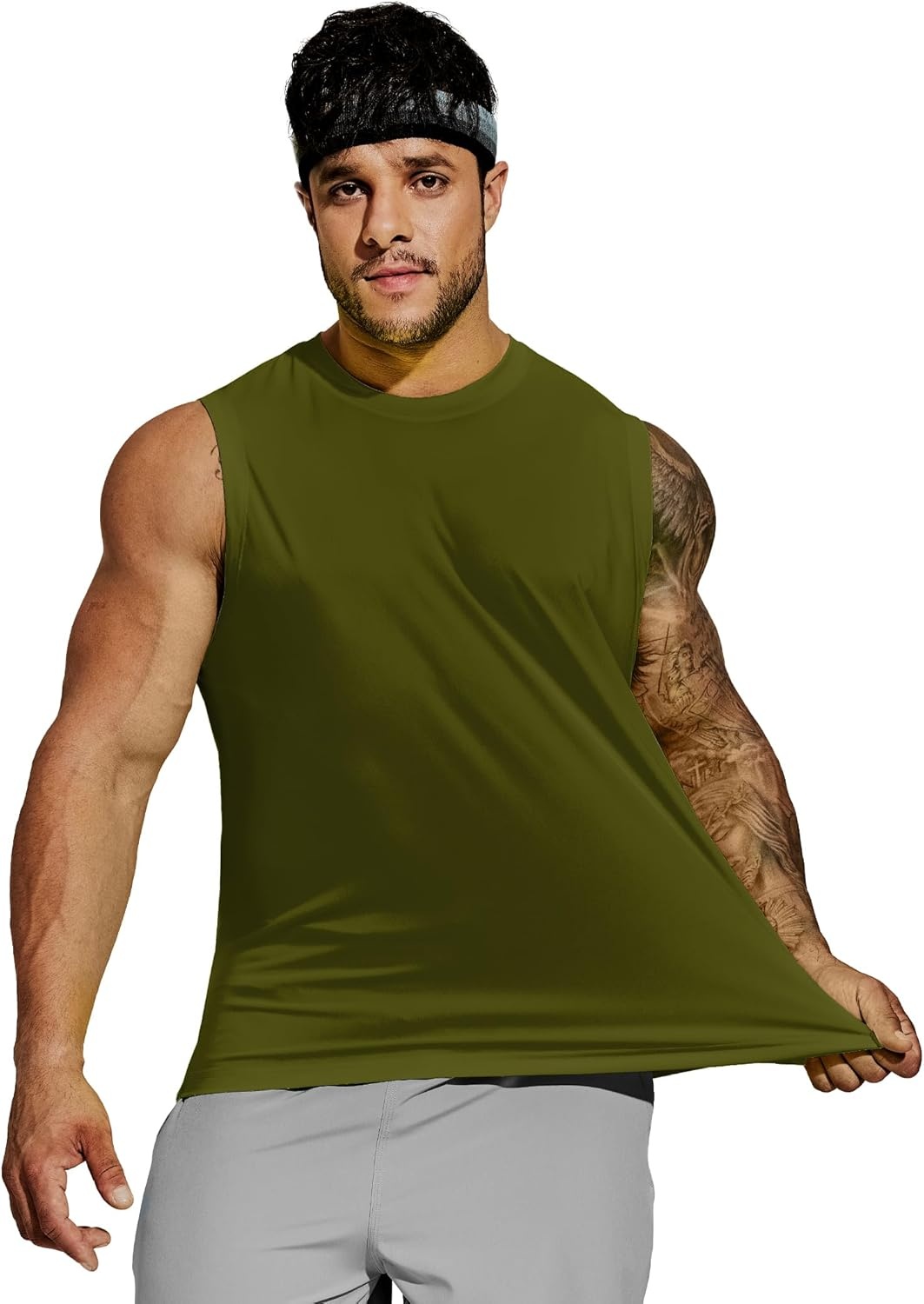image:imageMIER Mens Workout Tank Tops Quick Dry Sleeveless UPF 50 Muscle Tee Shirts for Athletic Gym Running Swim Beach TrainingArmy Green