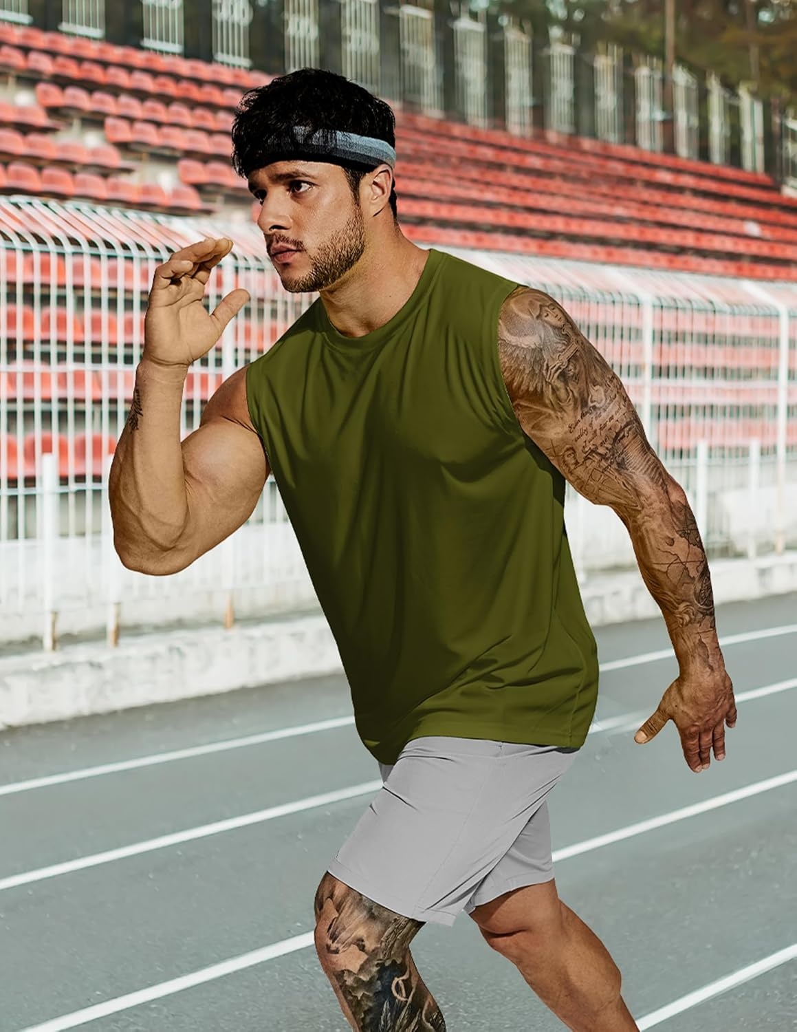 image:imageMIER Mens Workout Tank Tops Quick Dry Sleeveless UPF 50 Muscle Tee Shirts for Athletic Gym Running Swim Beach TrainingArmy Green