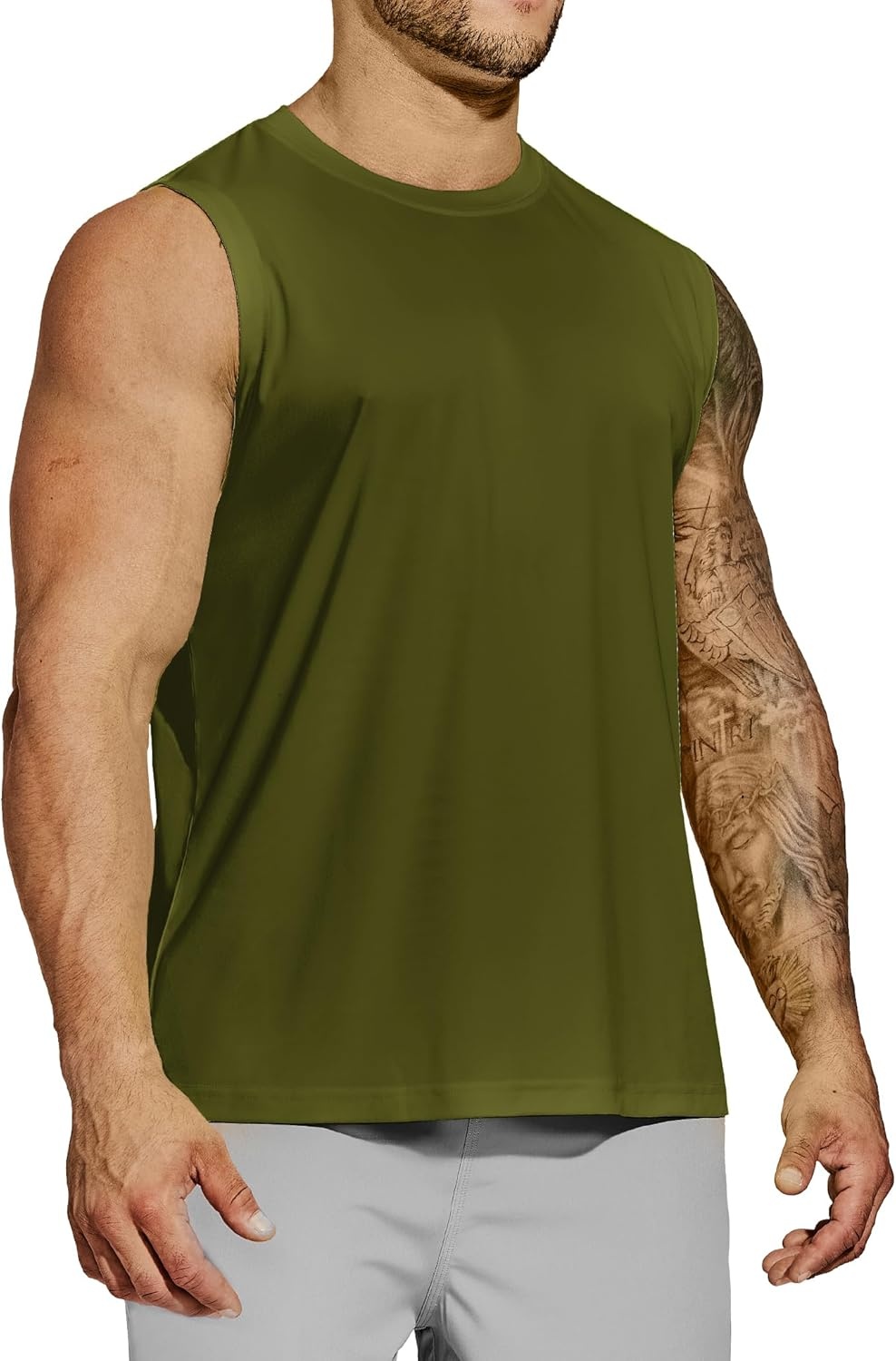 image:imageMIER Mens Workout Tank Tops Quick Dry Sleeveless UPF 50 Muscle Tee Shirts for Athletic Gym Running Swim Beach TrainingArmy Green