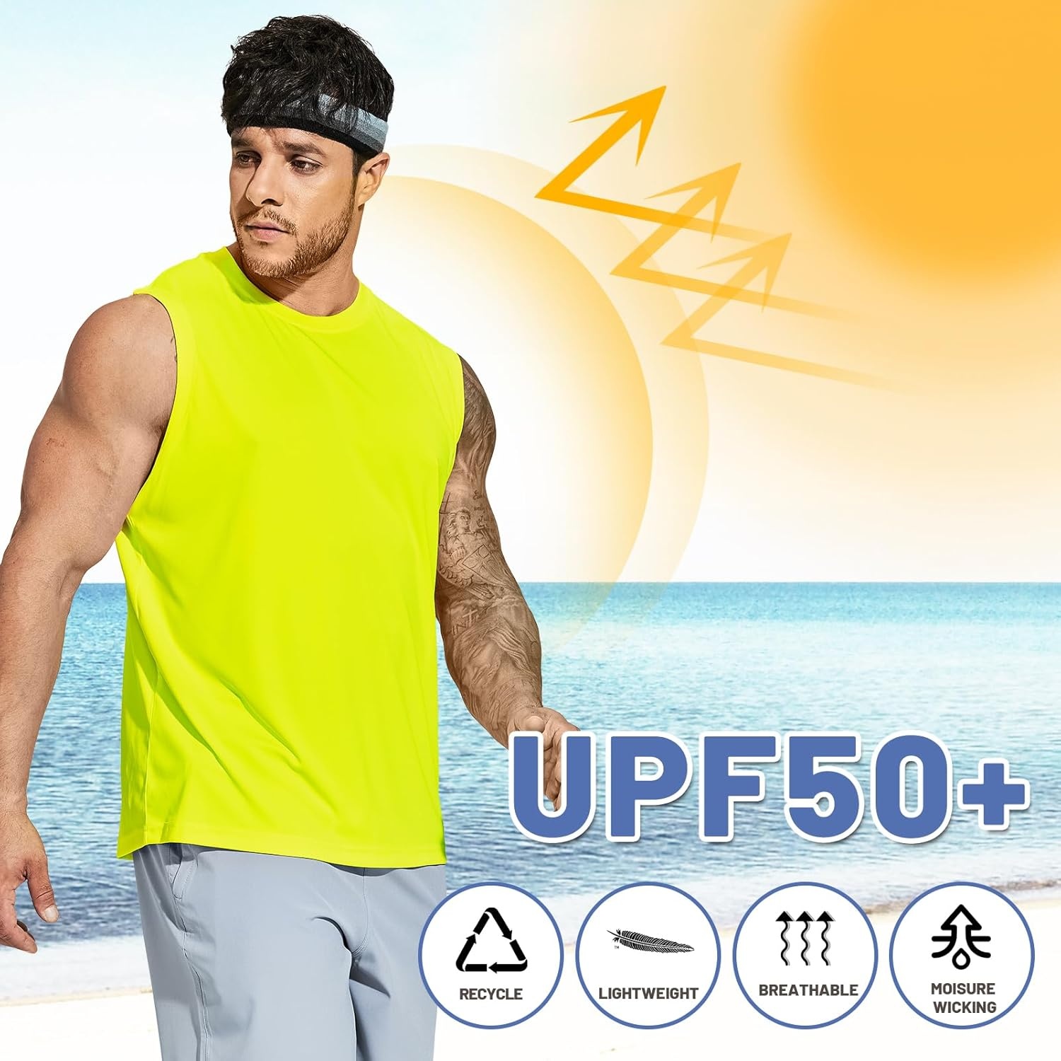 image:imageMIER Mens Workout Tank Tops UPF 50 Swim Shirts Quick Dry Running Sleeveless UV Protection Muscle TeesFluorescent Yellow
