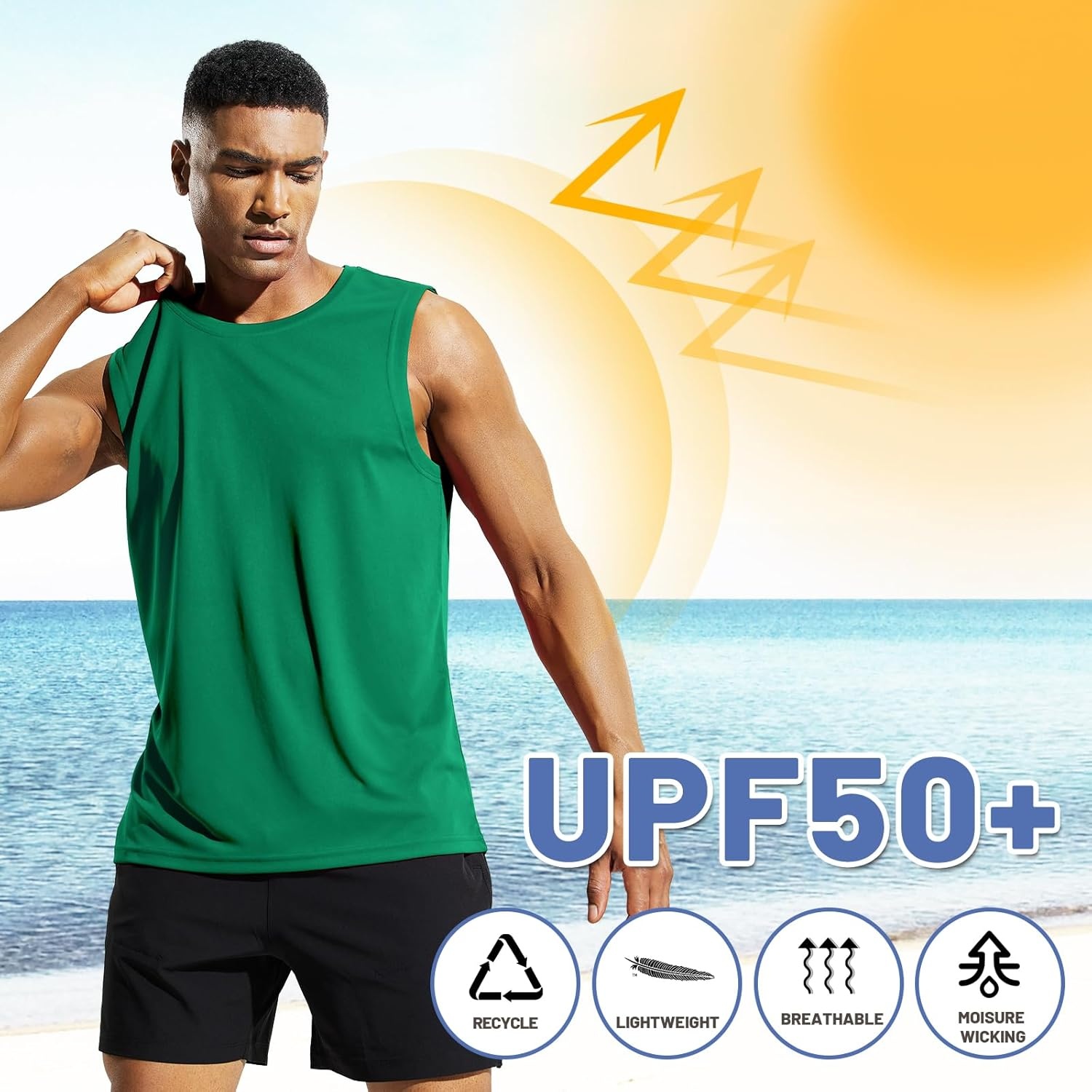 image:imageMIER Mens Workout Tank Tops UPF 50 Swim Shirts Quick Dry Running Sleeveless UV Protection Muscle TeesGreen