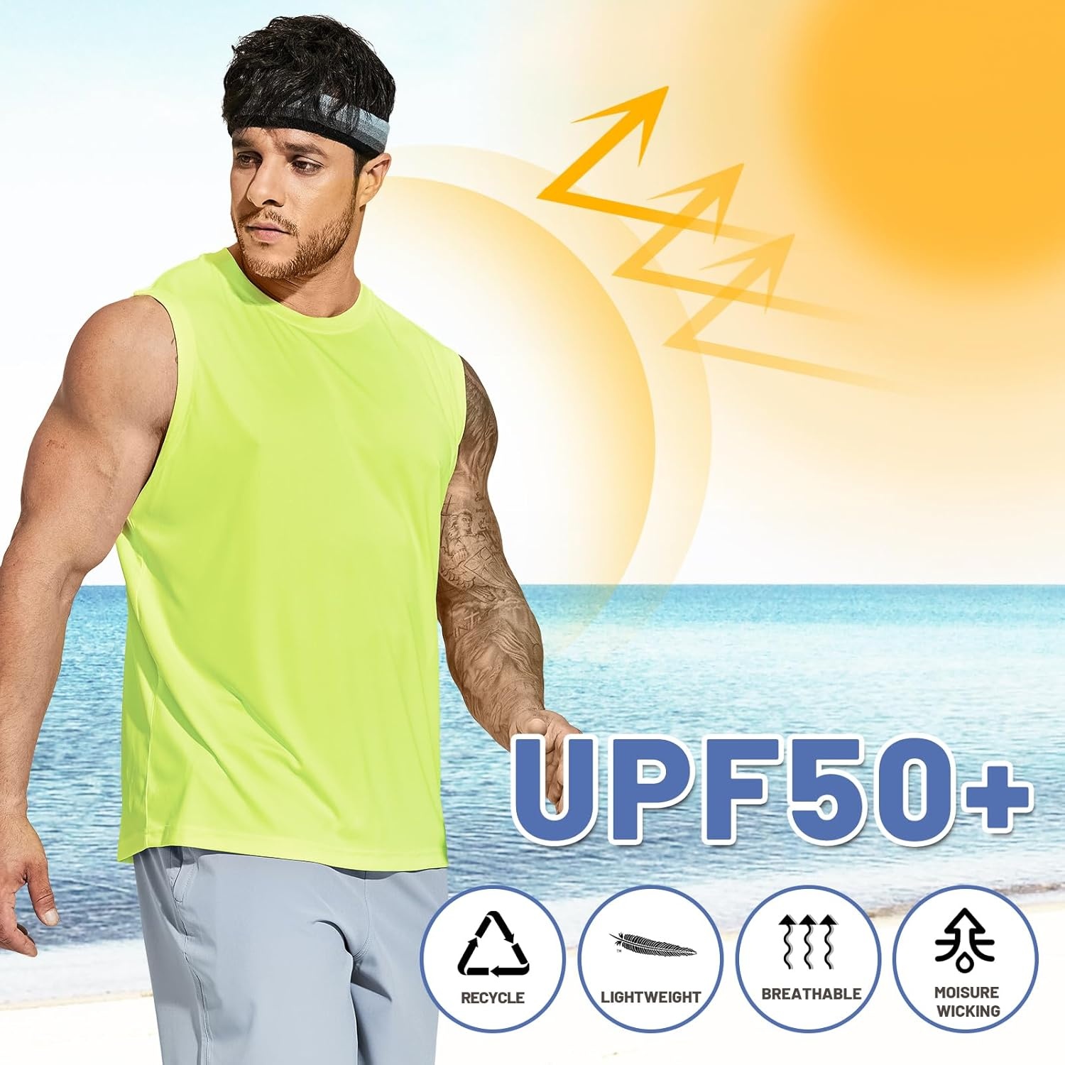 image:imageMIER Mens Workout Tank Tops UPF 50 Swim Shirts Quick Dry Running Sleeveless UV Protection Muscle TeesLemon Green