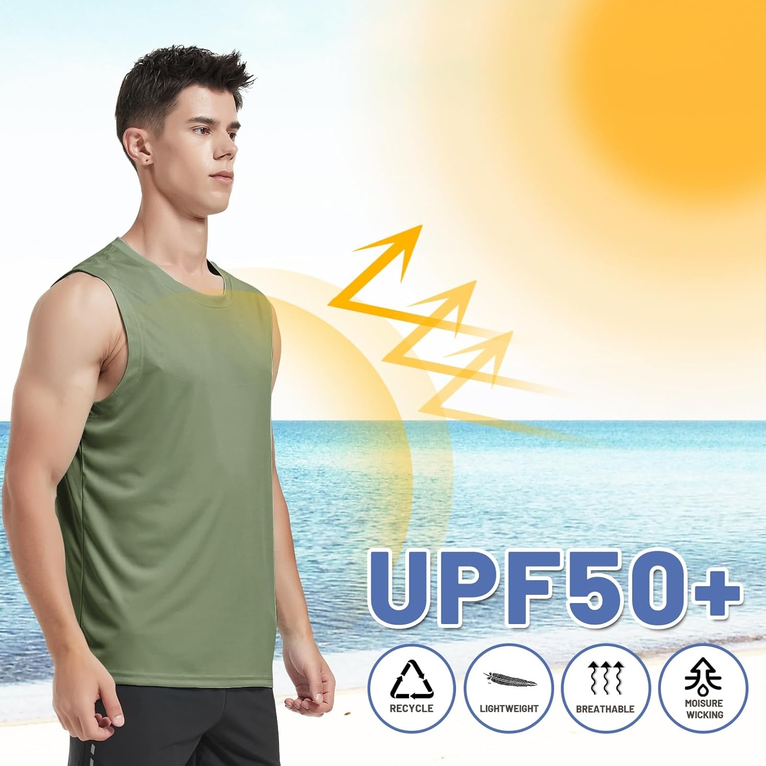 image:imageMIER Mens Workout Tank Tops UPF 50 Swim Shirts Quick Dry Running Sleeveless UV Protection Muscle TeesOlive