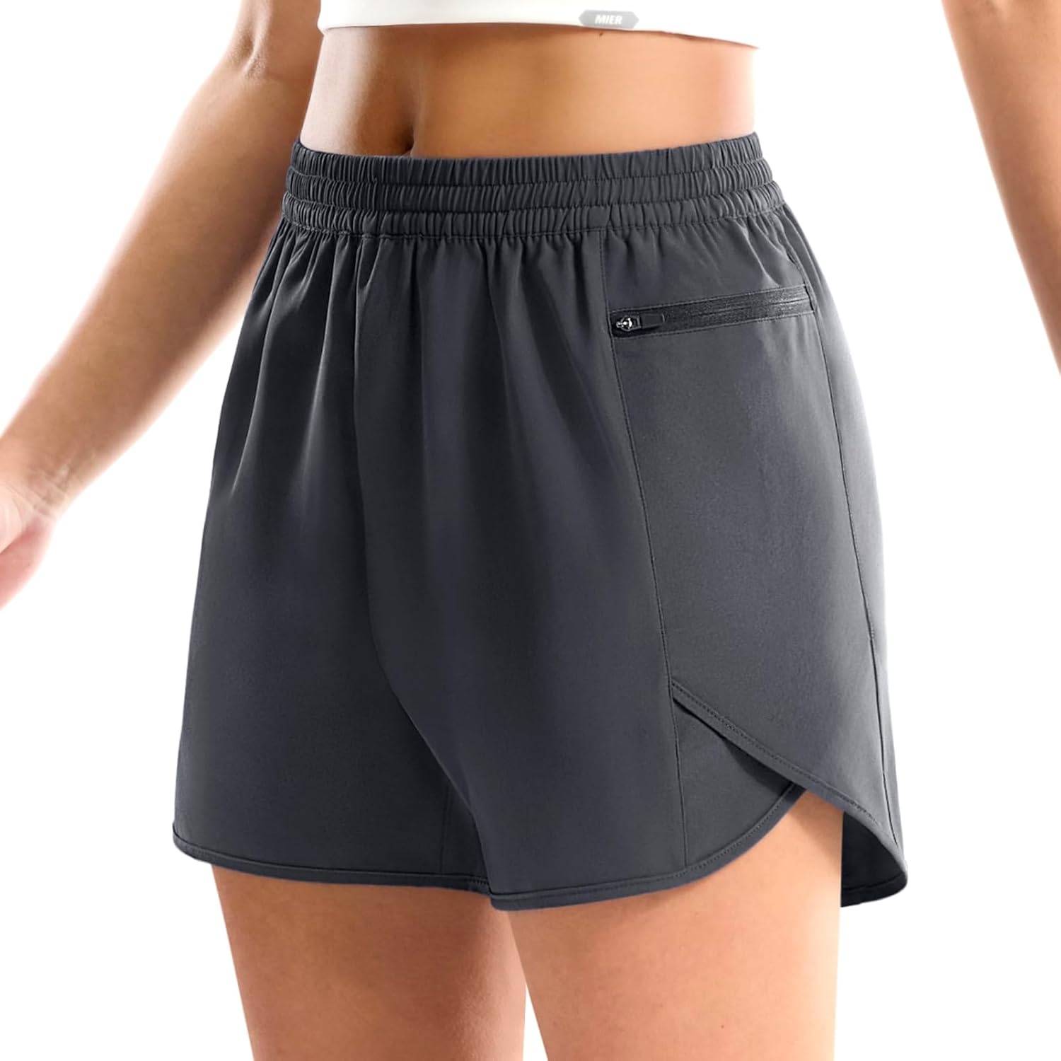 image:imageMIER Running Shorts for Women Quick Dry Athletic Sports Workout Active Dolphin Shorts with Zipper Pocket 4 Inch InseamDark Grey