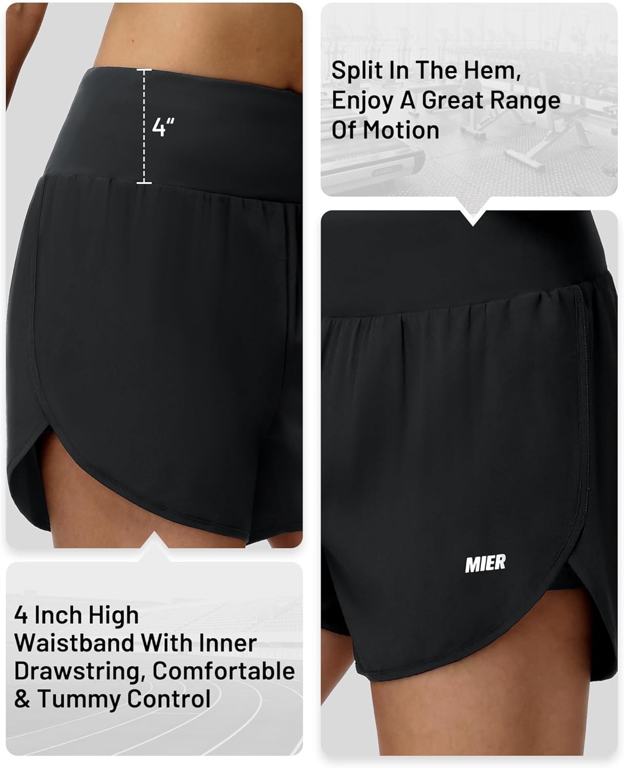 image:imageMIER Womens 2in1 Athletic Running Shorts with Pockets 3 High Waisted Quick Dry Active Exercise Shorts with Mesh LinerBlack