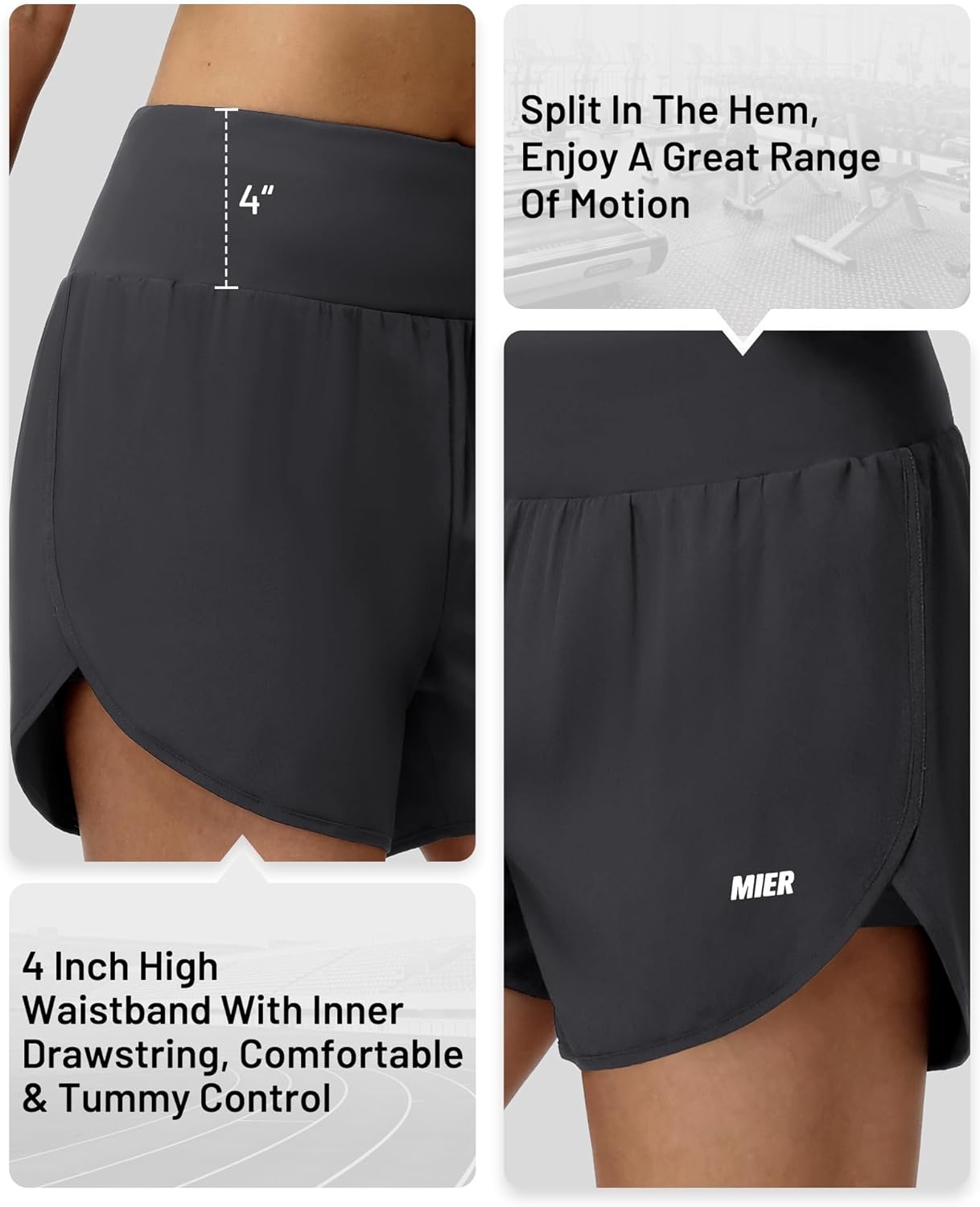 image:imageMIER Womens 2in1 Athletic Running Shorts with Pockets 3 High Waisted Quick Dry Active Exercise Shorts with Mesh LinerDark Grey