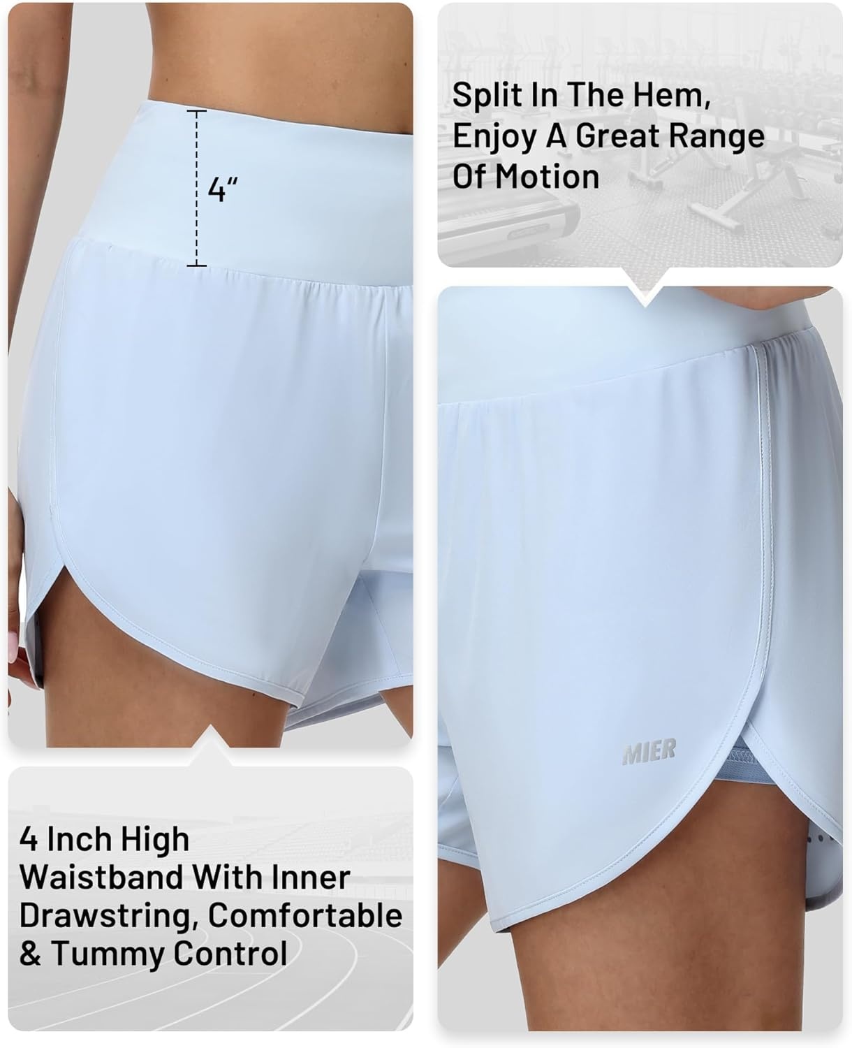 image:imageMIER Womens 2in1 Athletic Running Shorts with Pockets 3 High Waisted Quick Dry Active Exercise Shorts with Mesh LinerLight Blue
