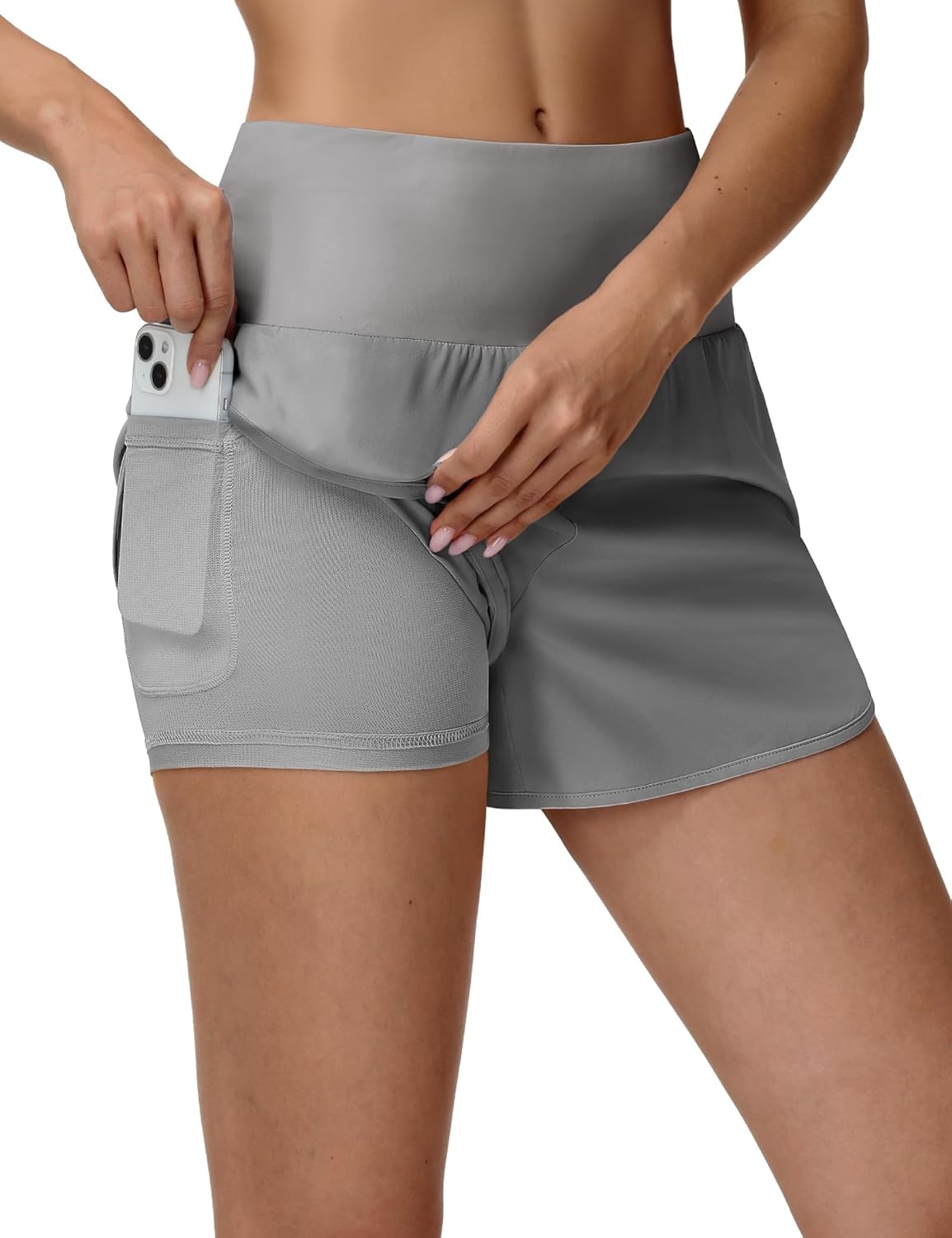 image:imageMIER Womens 2in1 Athletic Running Shorts with Pockets 3 High Waisted Quick Dry Active Exercise Shorts with Mesh LinerLight Grey