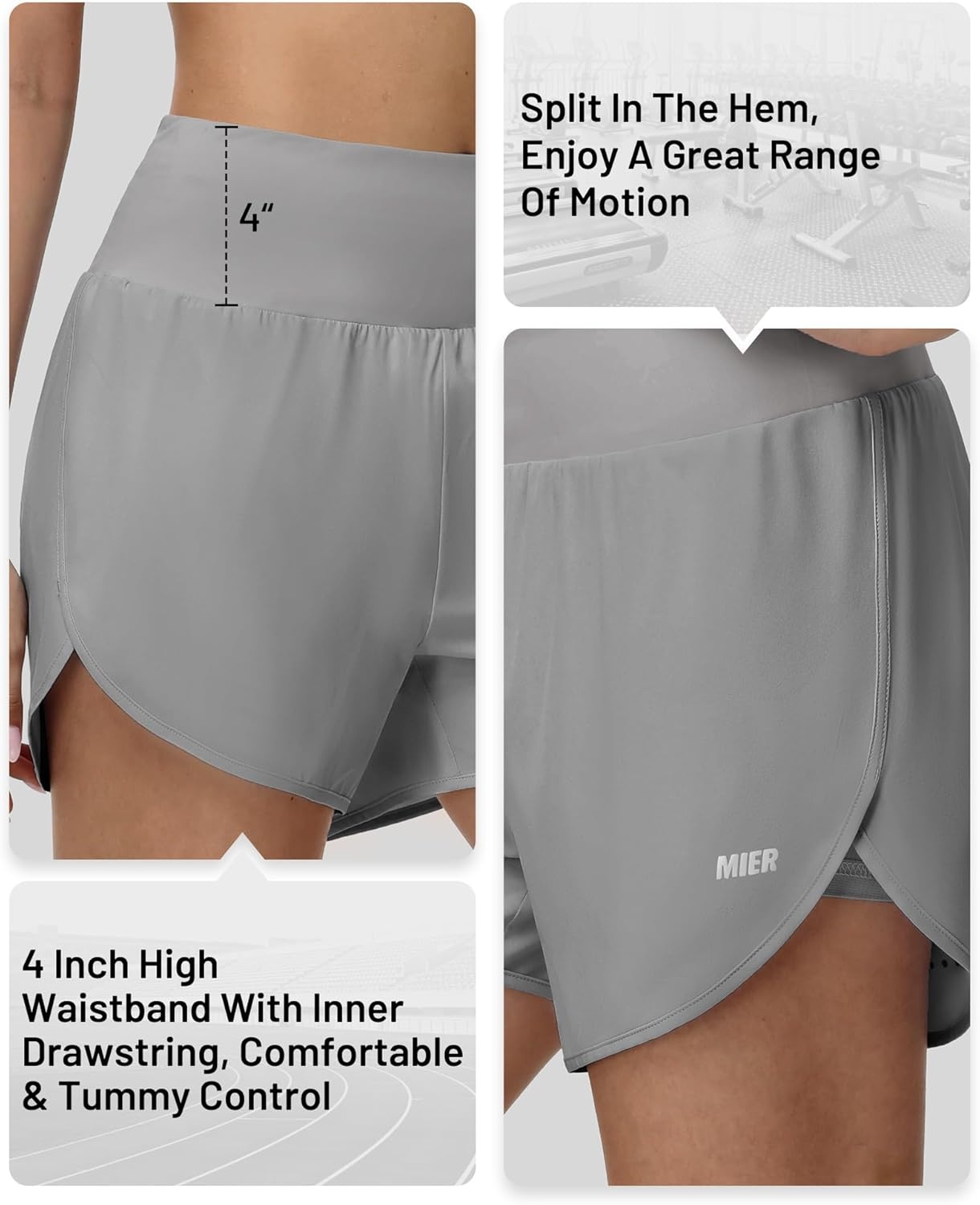 image:imageMIER Womens 2in1 Athletic Running Shorts with Pockets 3 High Waisted Quick Dry Active Exercise Shorts with Mesh LinerLight Grey