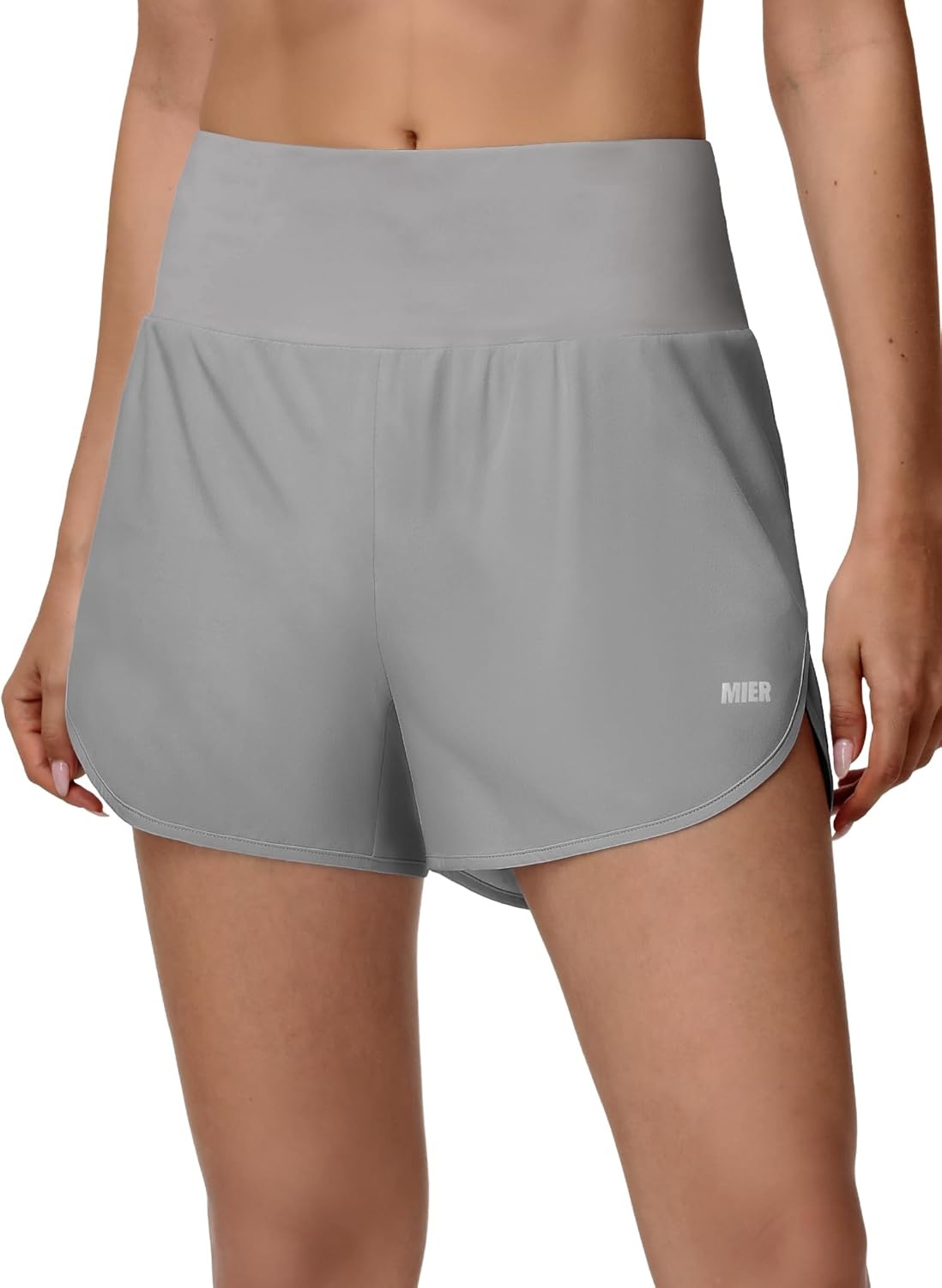 image:imageMIER Womens 2in1 Athletic Running Shorts with Pockets 3 High Waisted Quick Dry Active Exercise Shorts with Mesh LinerLight Grey