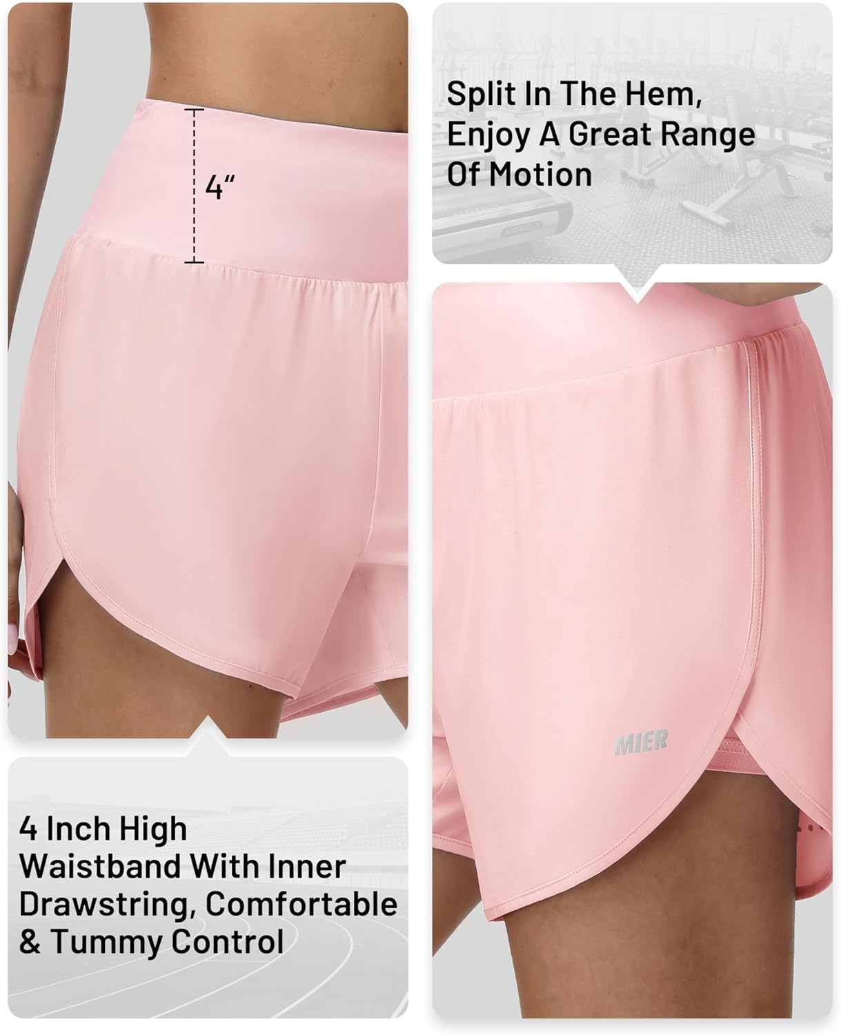 image:imageMIER Womens 2in1 Athletic Running Shorts with Pockets 3 High Waisted Quick Dry Active Exercise Shorts with Mesh LinerLight Pink