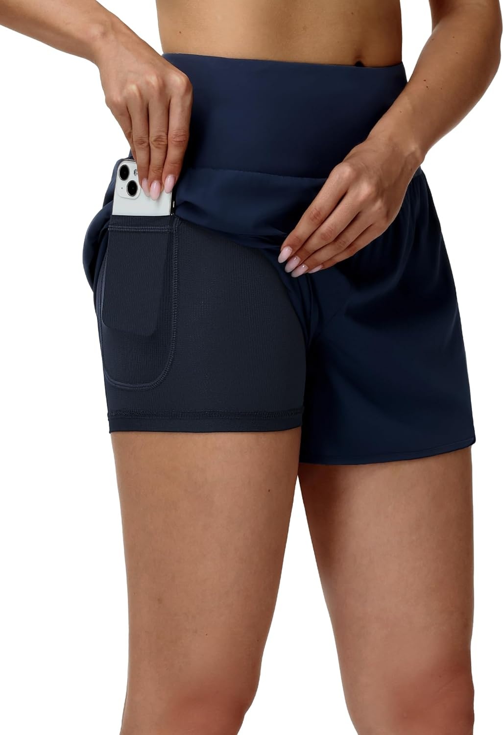 image:imageMIER Womens 2in1 Athletic Running Shorts with Pockets 3 High Waisted Quick Dry Active Exercise Shorts with Mesh LinerNavy