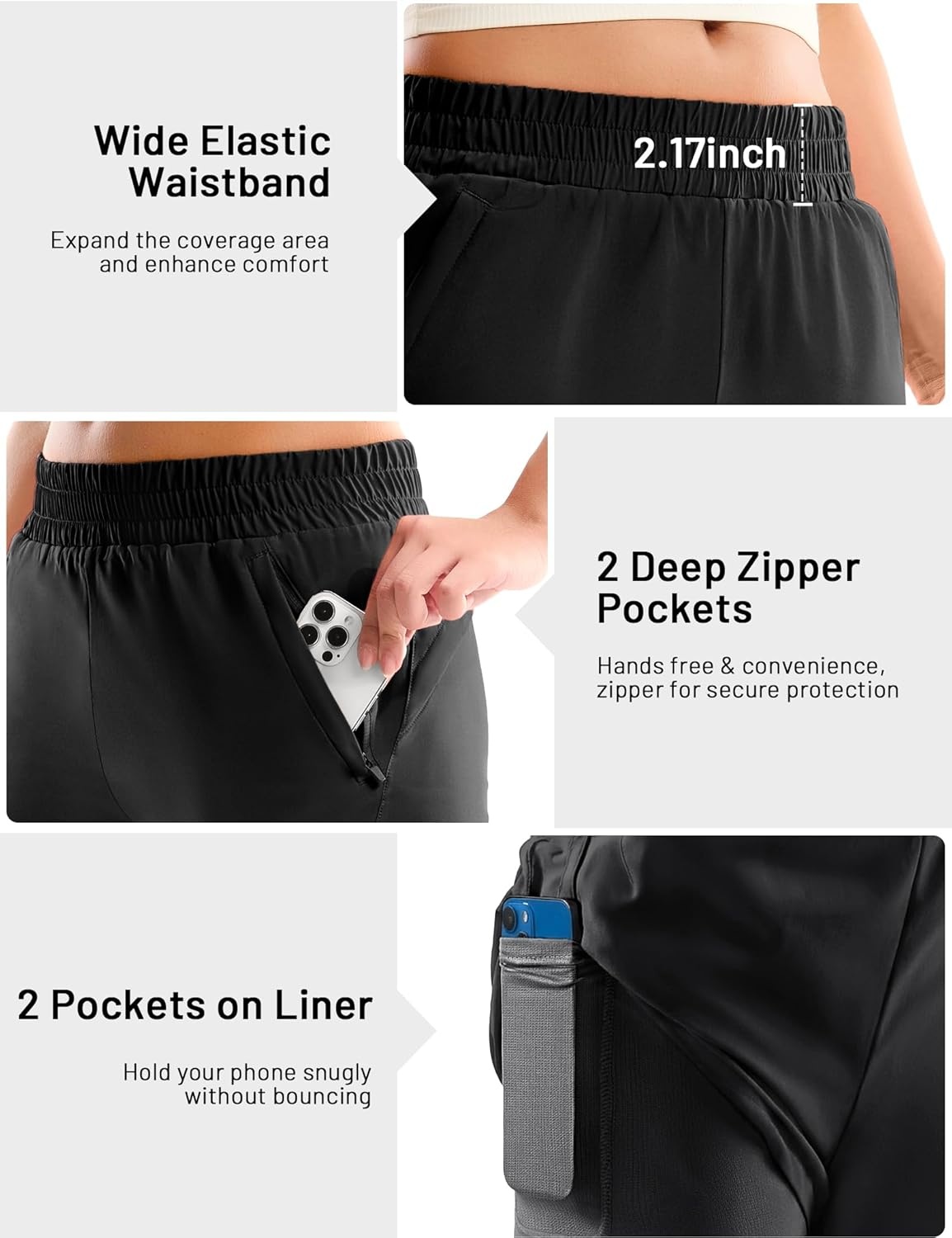 image:imageMIER Womens 3 Running Shorts with Mesh Liner Mid Waisted 2 in 1 Quick Dry Workout Gym Athletic Shorts with Zipper PocketsBlack